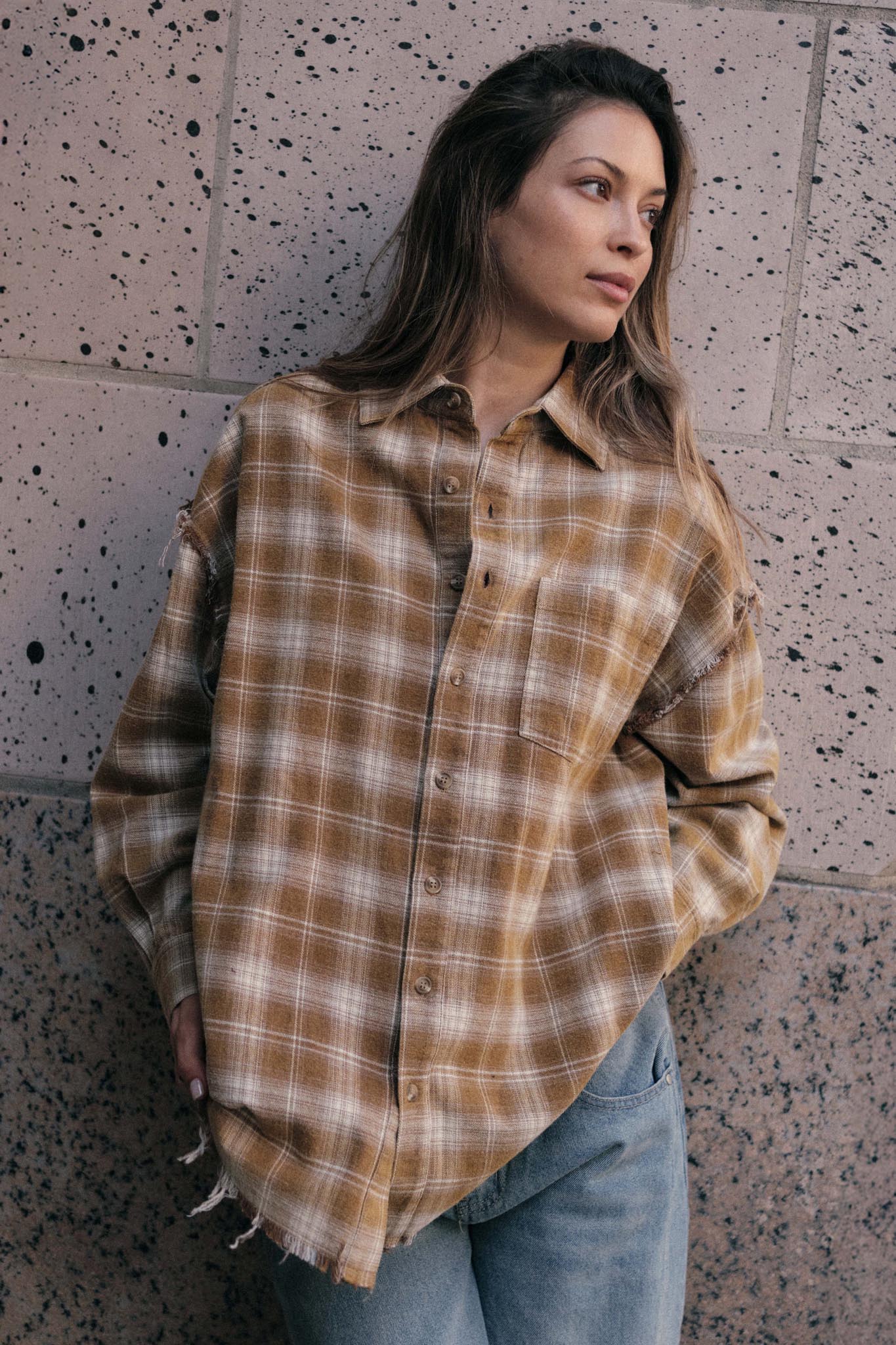Grunge Era Oversize Raw-Edge Plaid Flannel Shirt