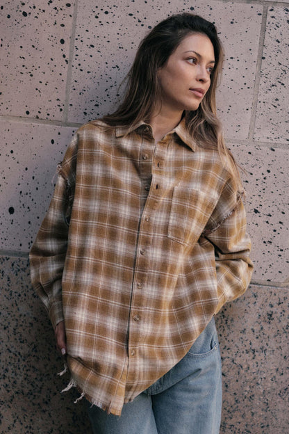 Grunge Era Oversize Raw-Edge Plaid Flannel Shirt