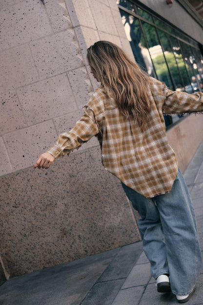 Grunge Era Oversize Raw-Edge Plaid Flannel Shirt