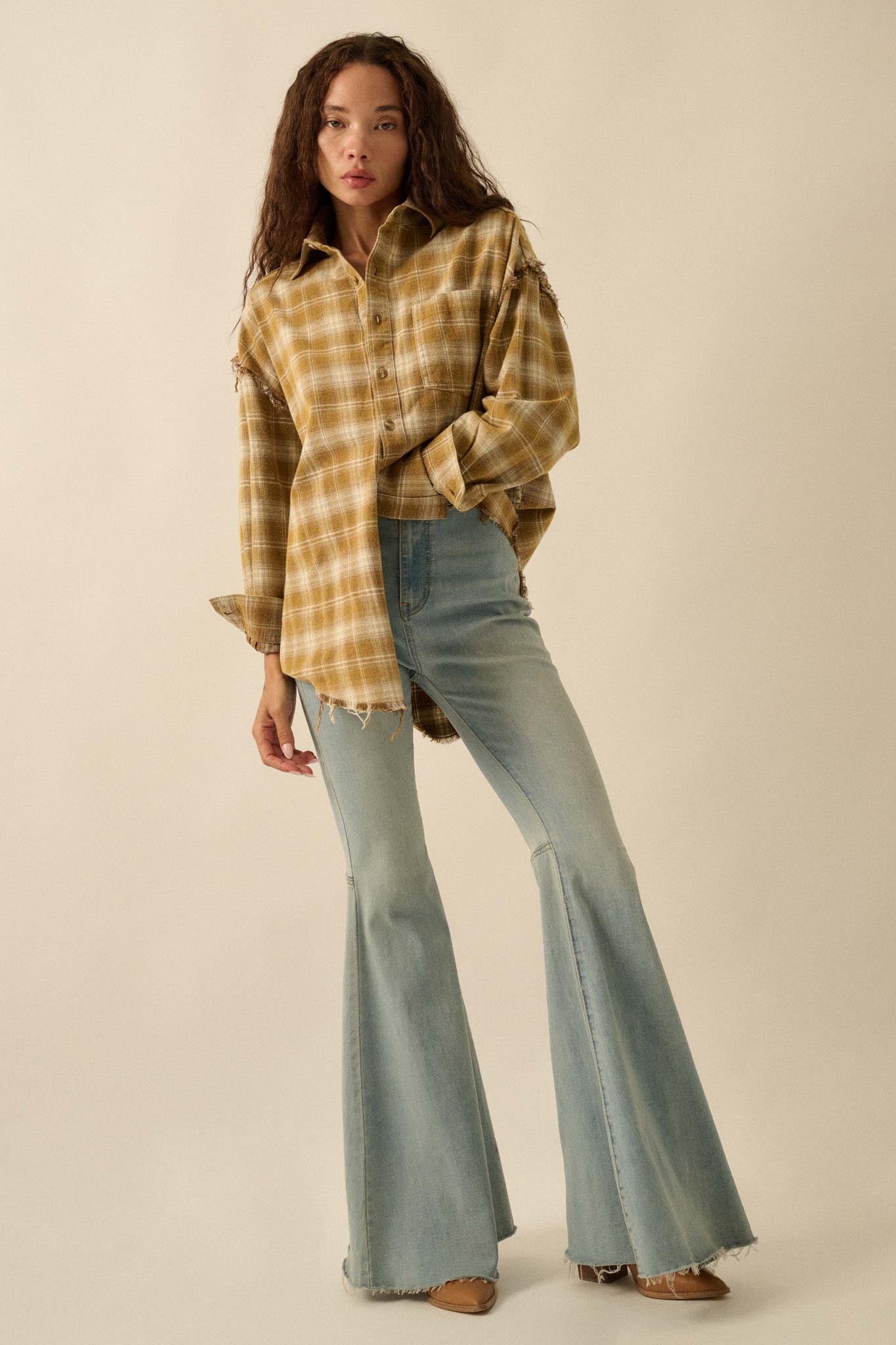 Grunge Era Oversize Raw-Edge Plaid Flannel Shirt