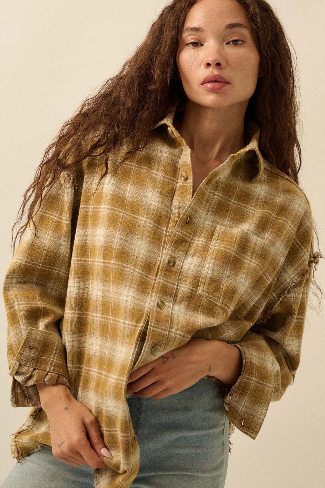Grunge Era Oversize Raw-Edge Plaid Flannel Shirt