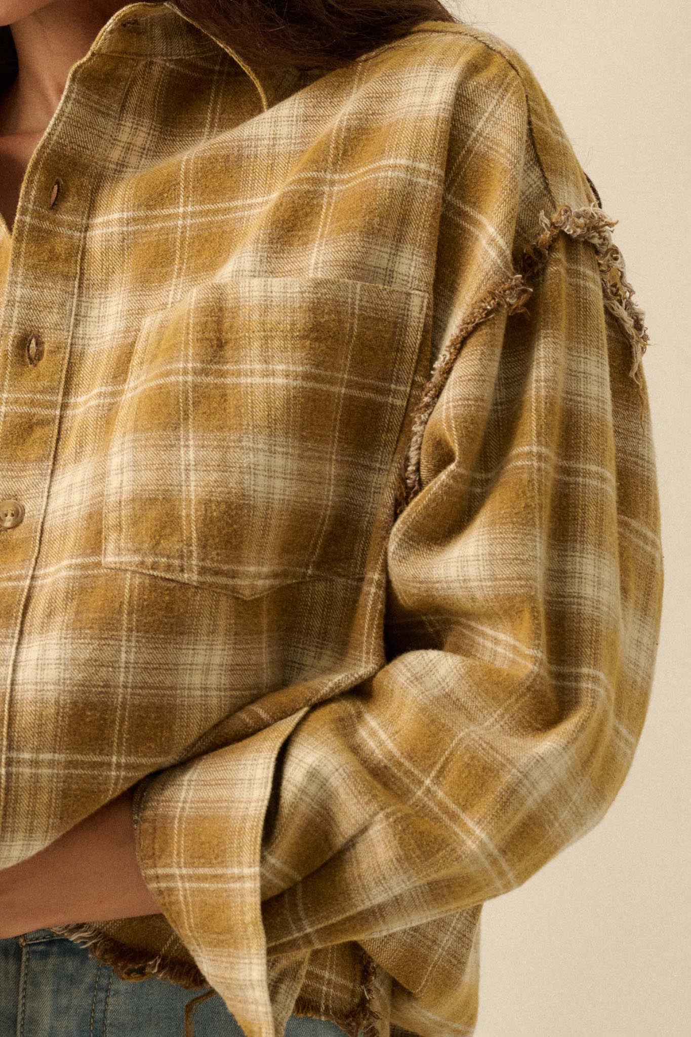 Grunge Era Oversize Raw-Edge Plaid Flannel Shirt