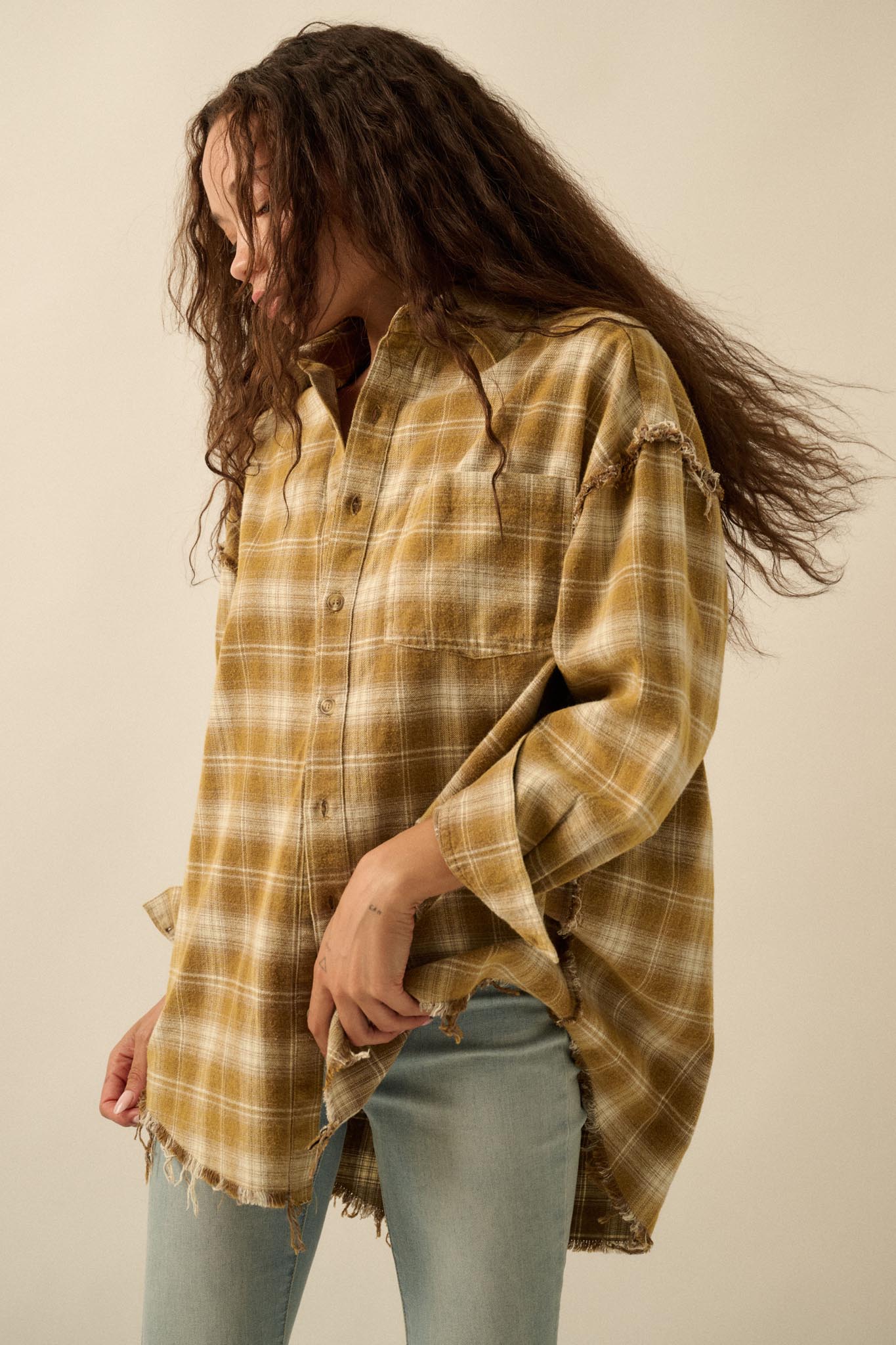Grunge Era Oversize Raw-Edge Plaid Flannel Shirt