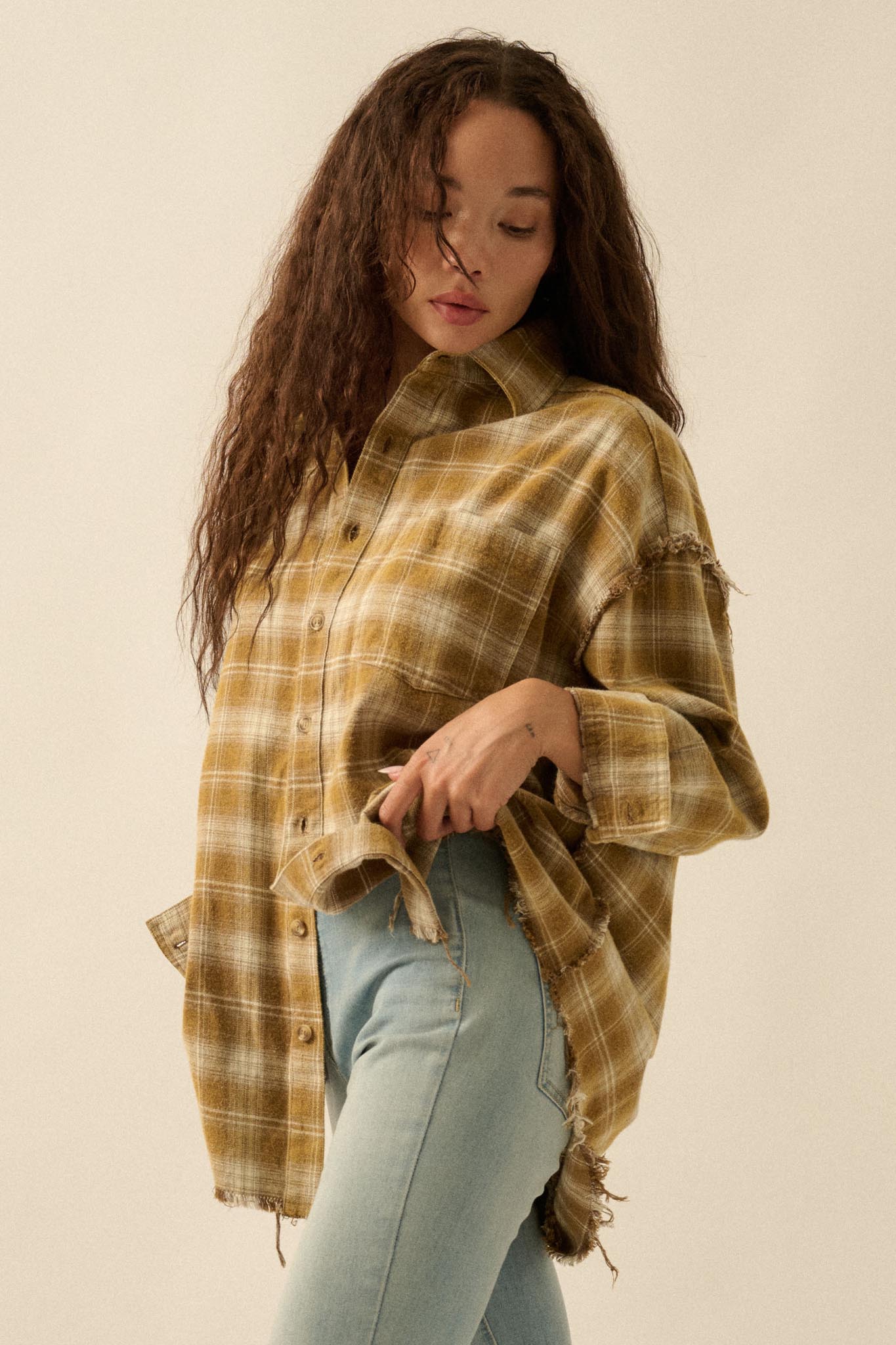 Grunge Era Oversize Raw-Edge Plaid Flannel Shirt