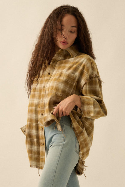 Grunge Era Oversize Raw-Edge Plaid Flannel Shirt