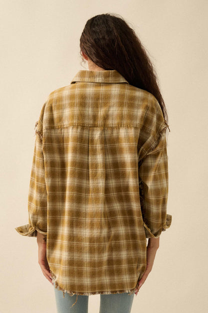 Grunge Era Oversize Raw-Edge Plaid Flannel Shirt