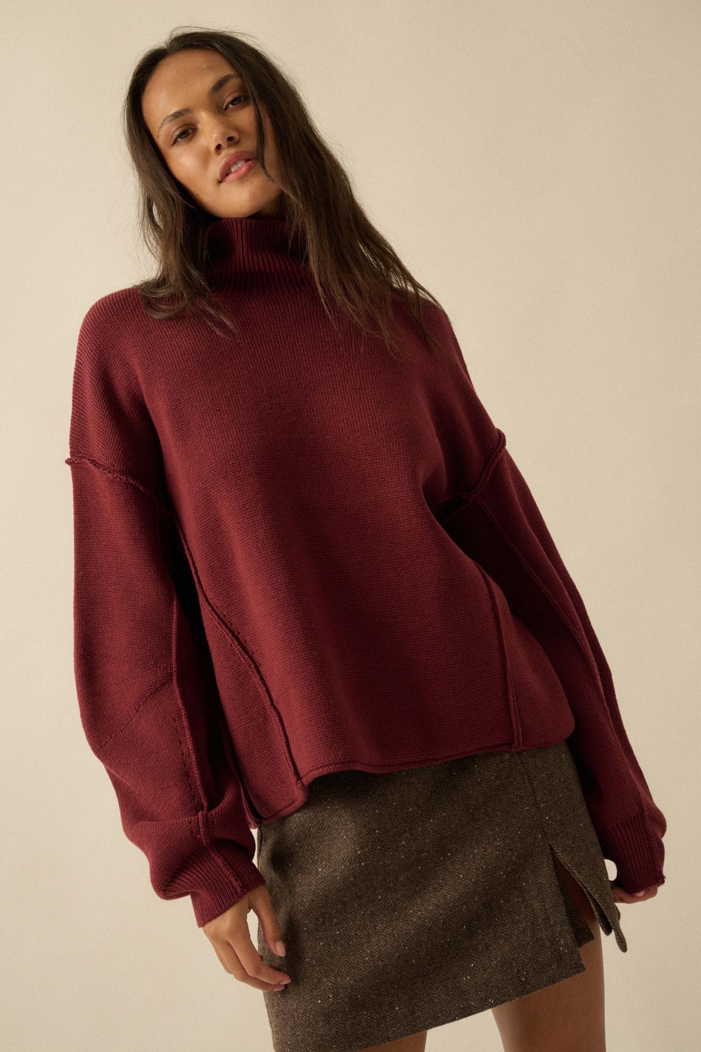 Me Time Paneled Exposed-Seam Mock-Neck Sweater