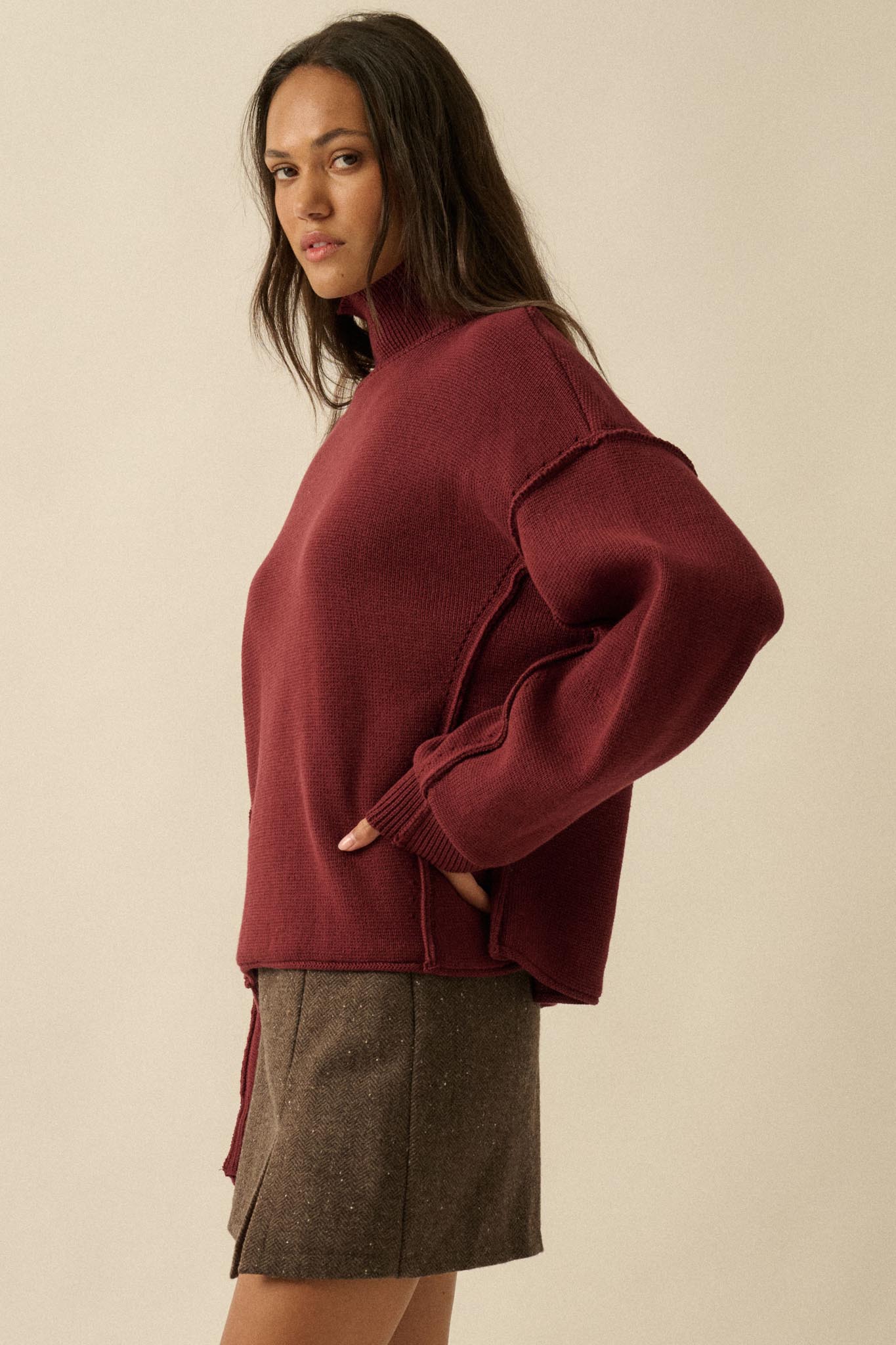 Me Time Paneled Exposed-Seam Mock-Neck Sweater