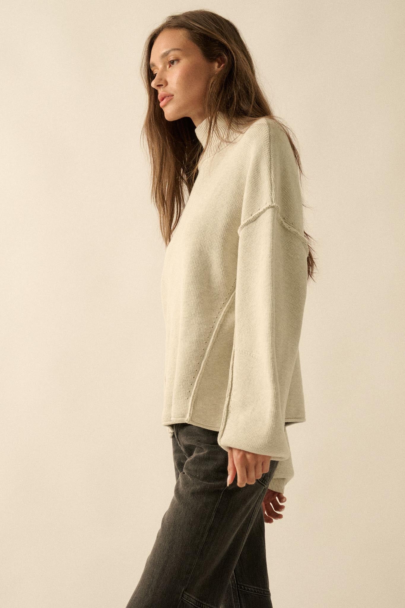 Me Time Paneled Exposed-Seam Mock-Neck Sweater