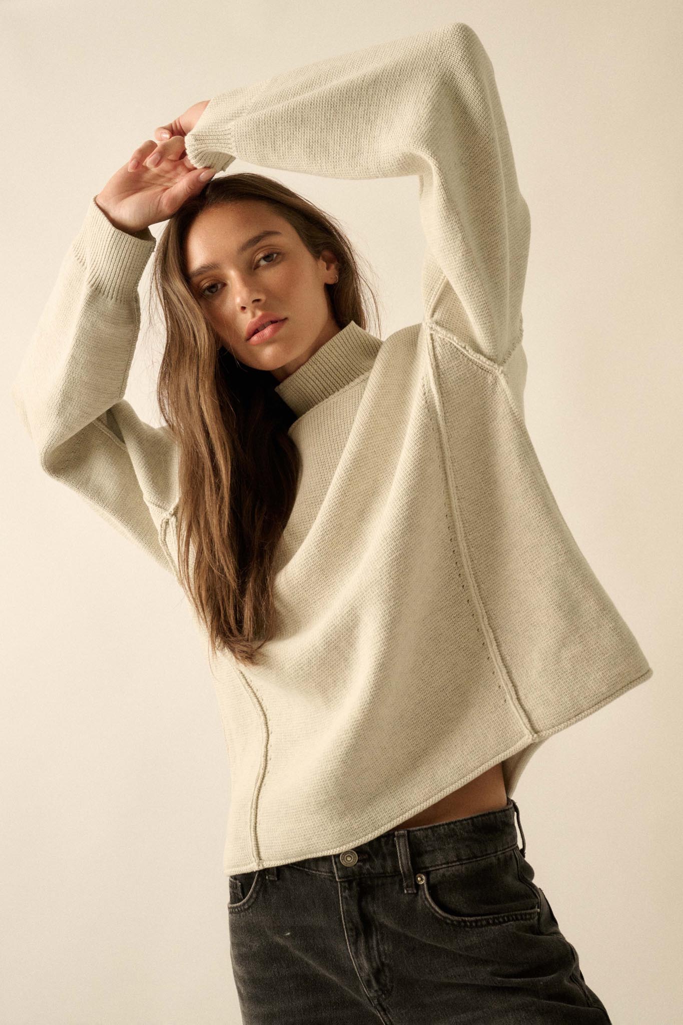 Me Time Paneled Exposed-Seam Mock-Neck Sweater