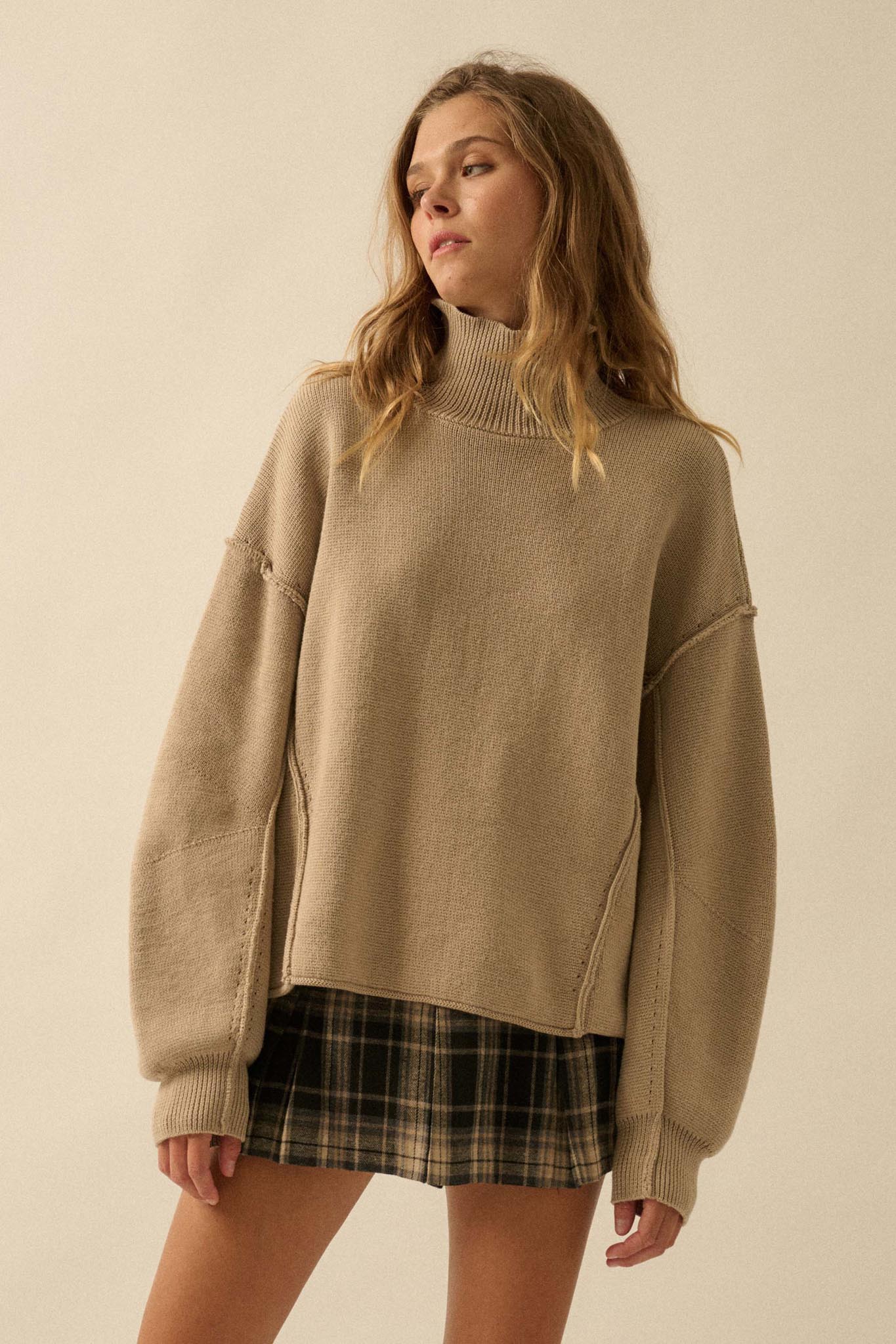 Me Time Paneled Exposed-Seam Mock-Neck Sweater