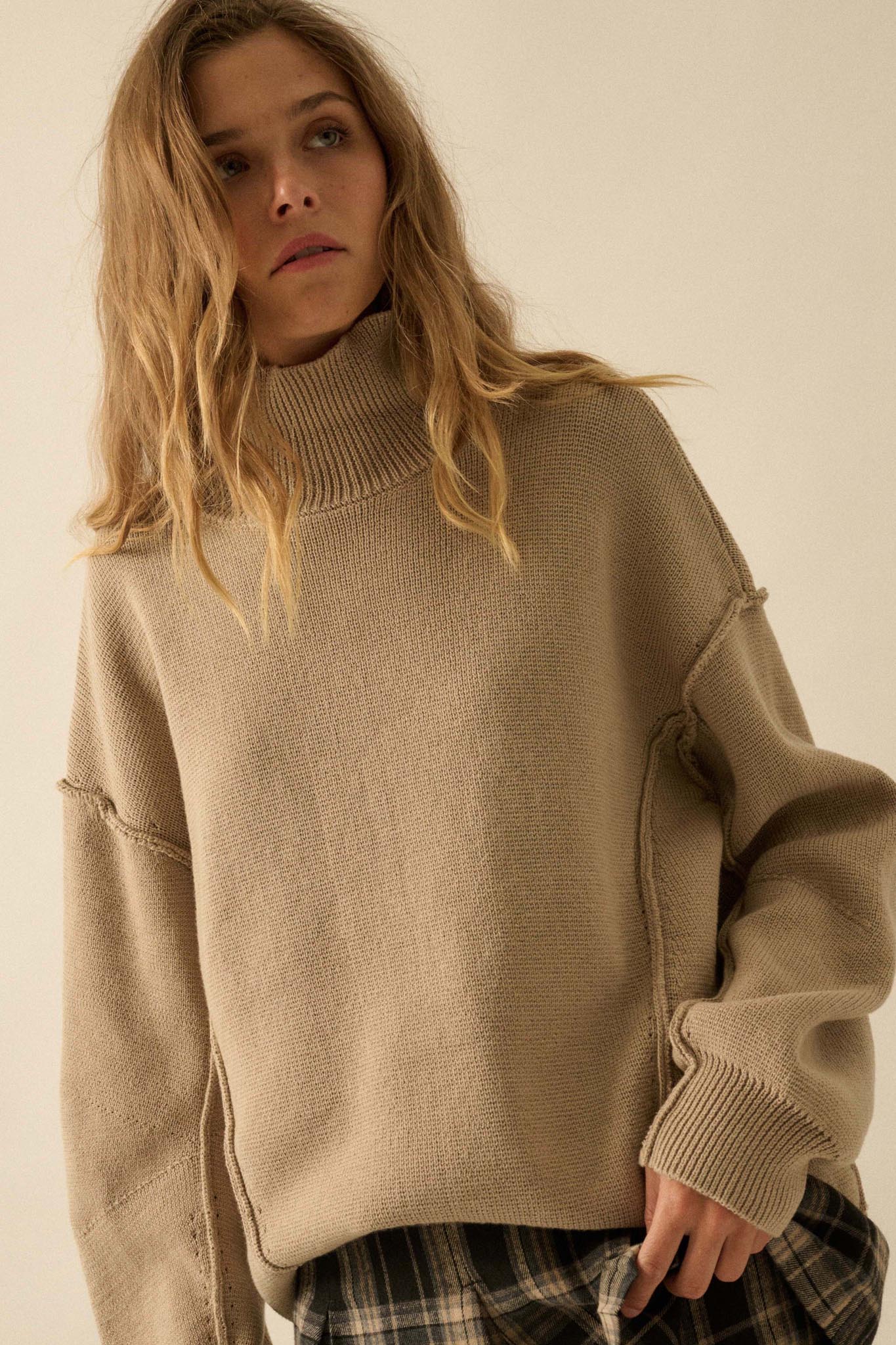 Me Time Paneled Exposed-Seam Mock-Neck Sweater