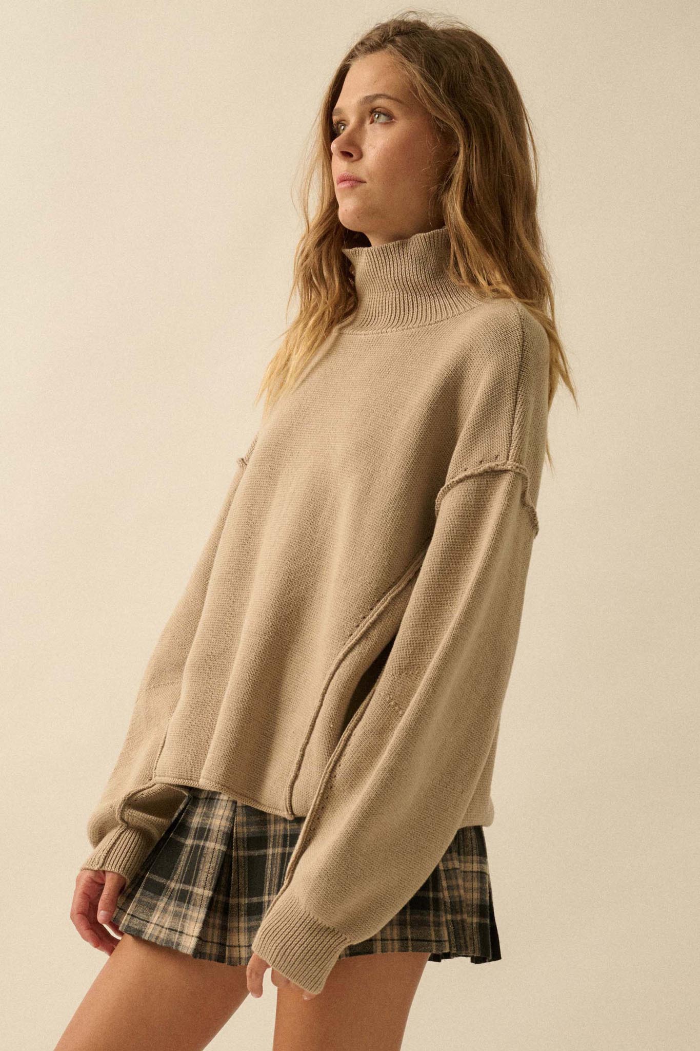 Me Time Paneled Exposed-Seam Mock-Neck Sweater