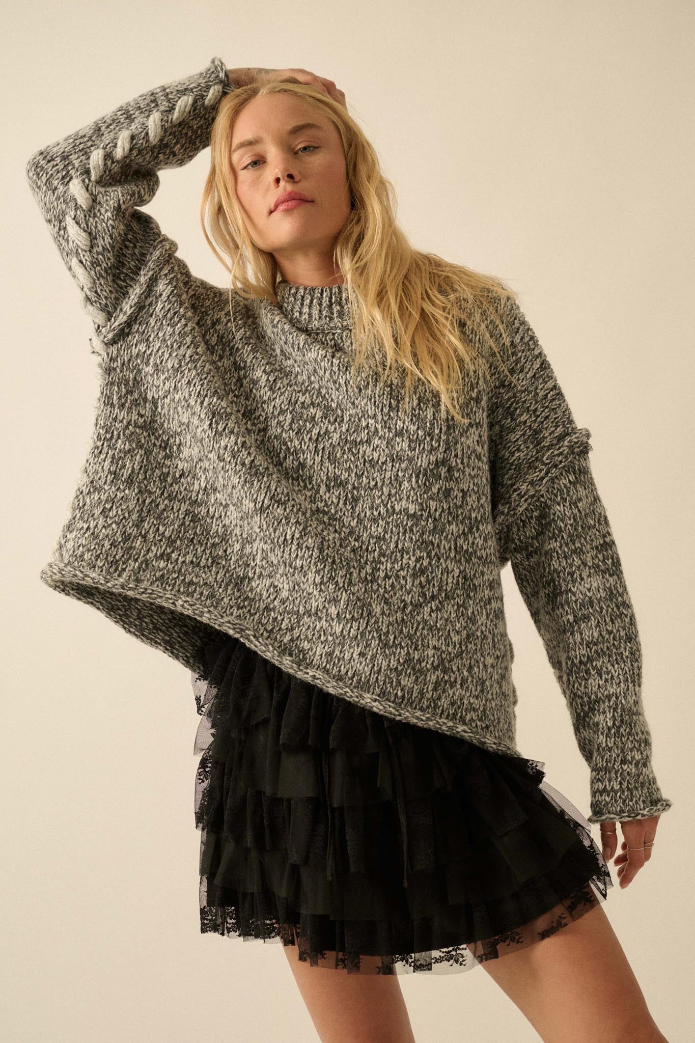 Seams to Me Marled Knit Stitch-Detail Sweater