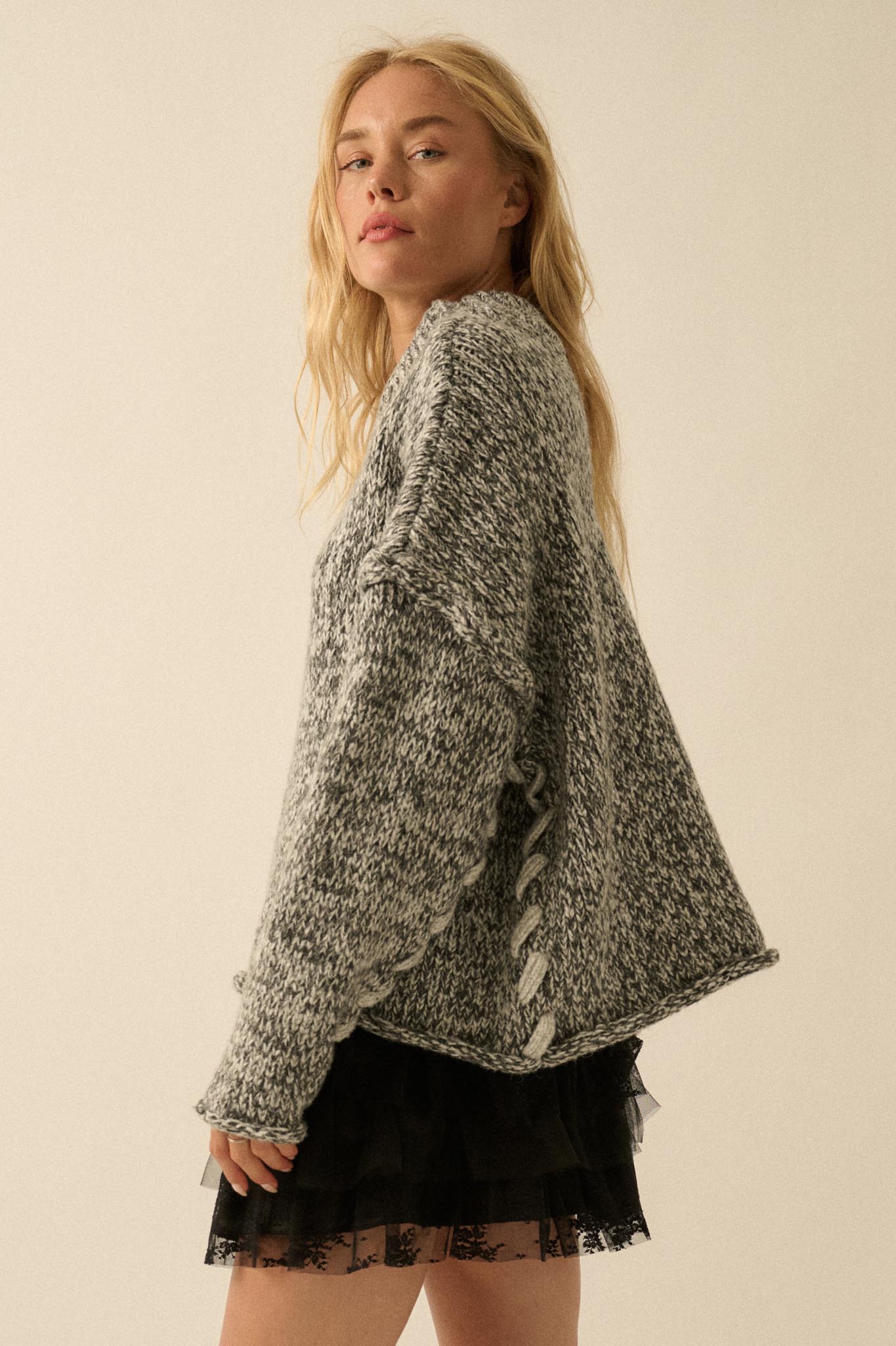 Seams to Me Marled Knit Stitch-Detail Sweater