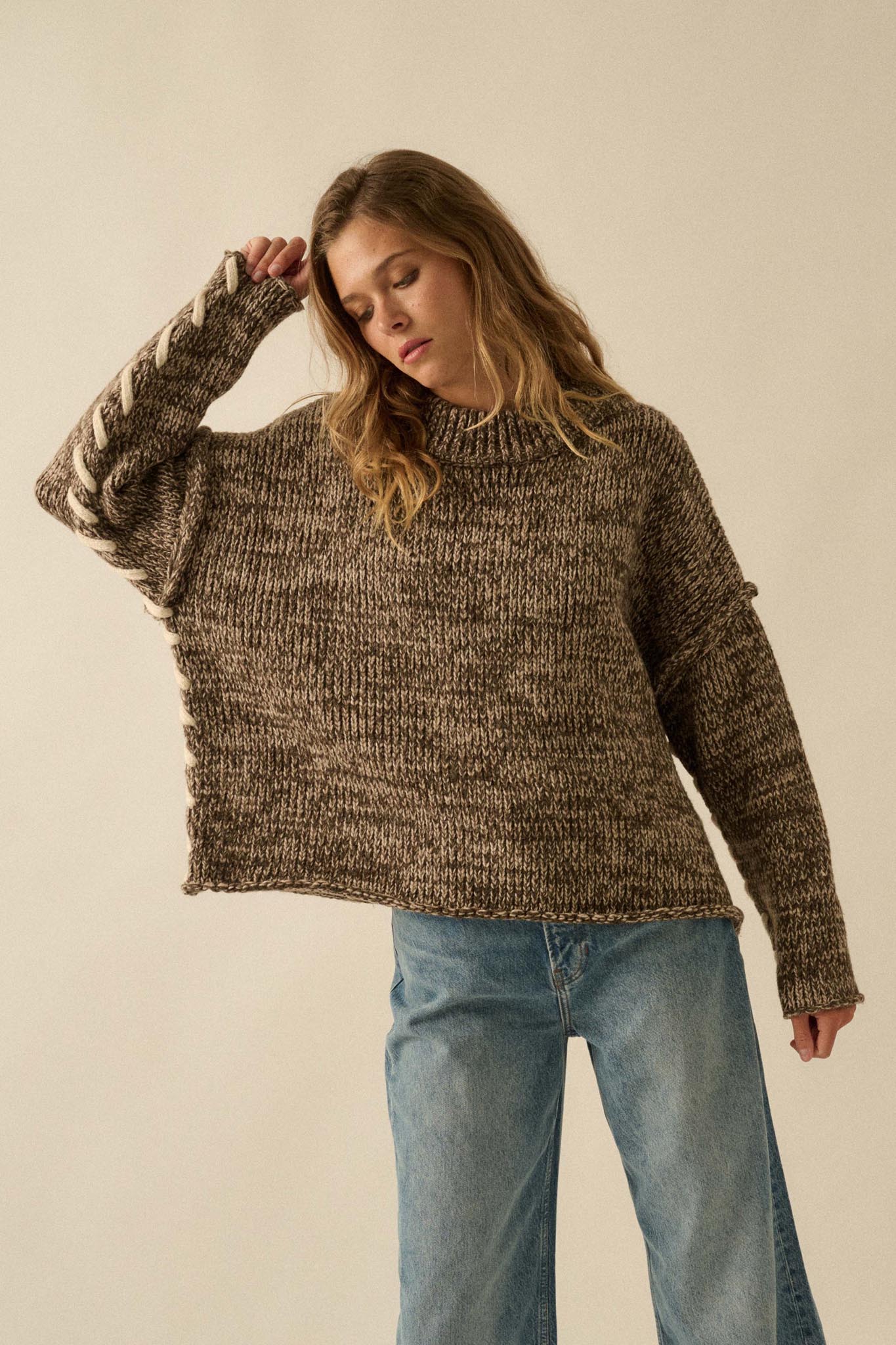 Seams to Me Marled Knit Stitch-Detail Sweater