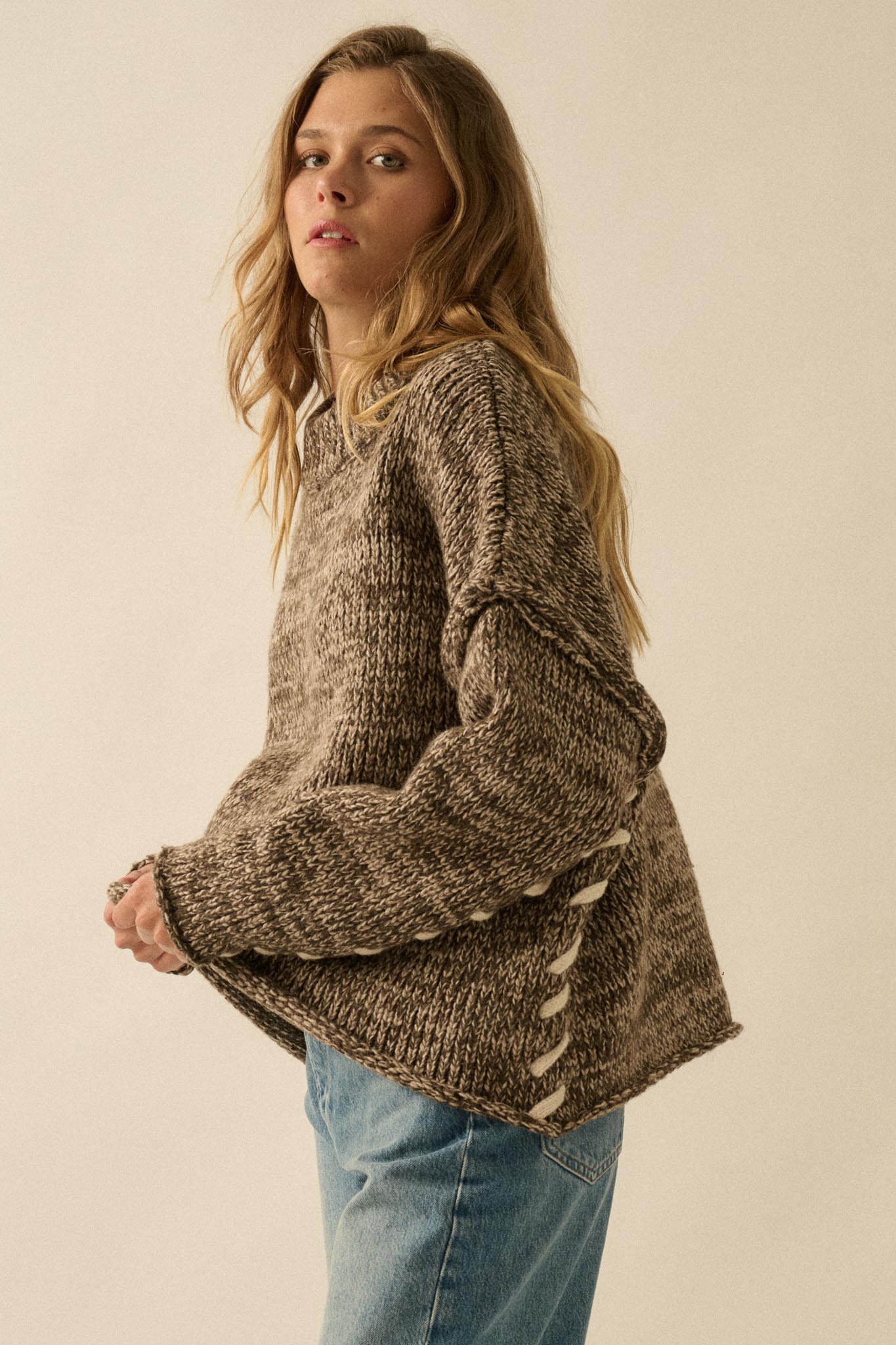 Seams to Me Marled Knit Stitch-Detail Sweater