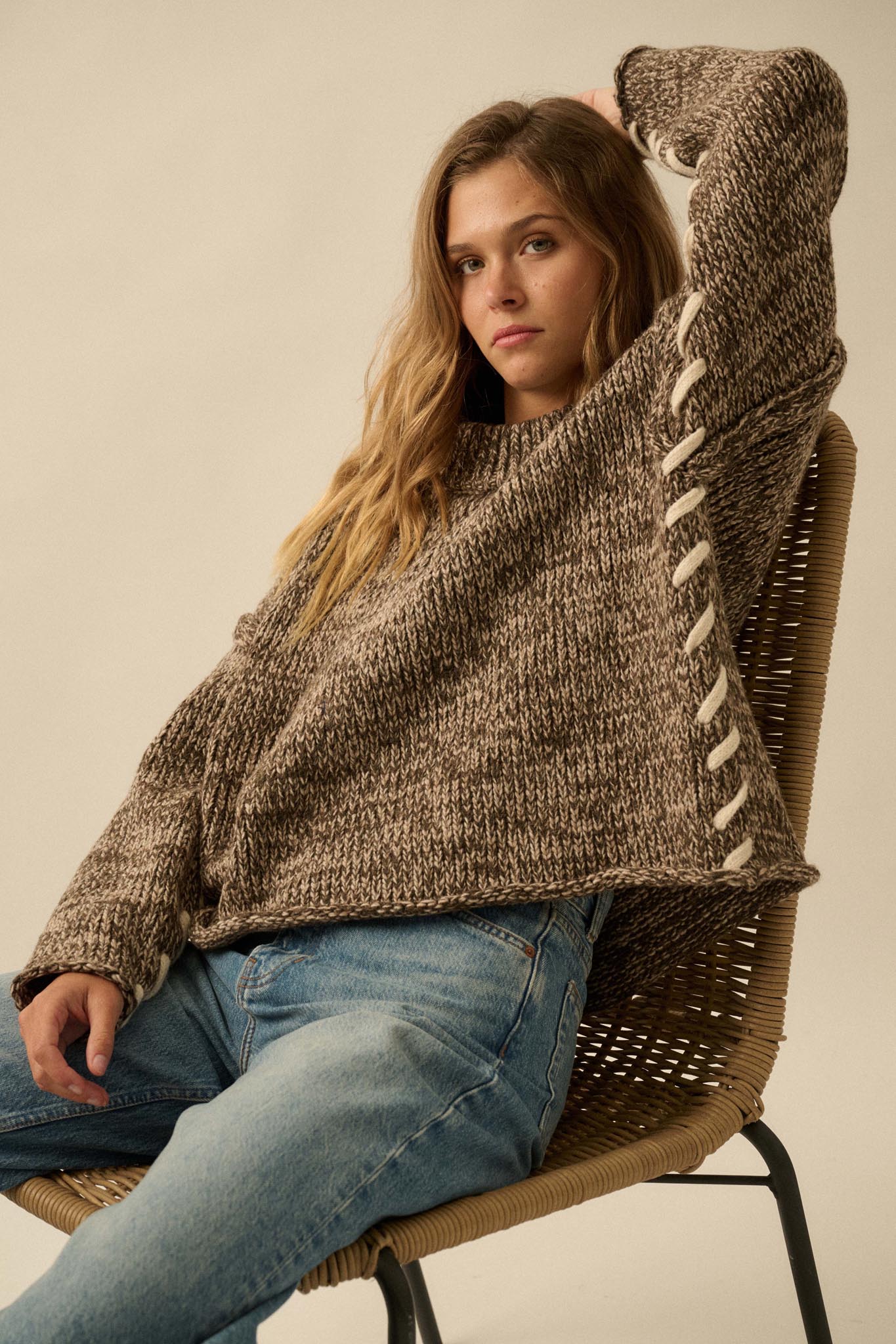 Seams to Me Marled Knit Stitch-Detail Sweater