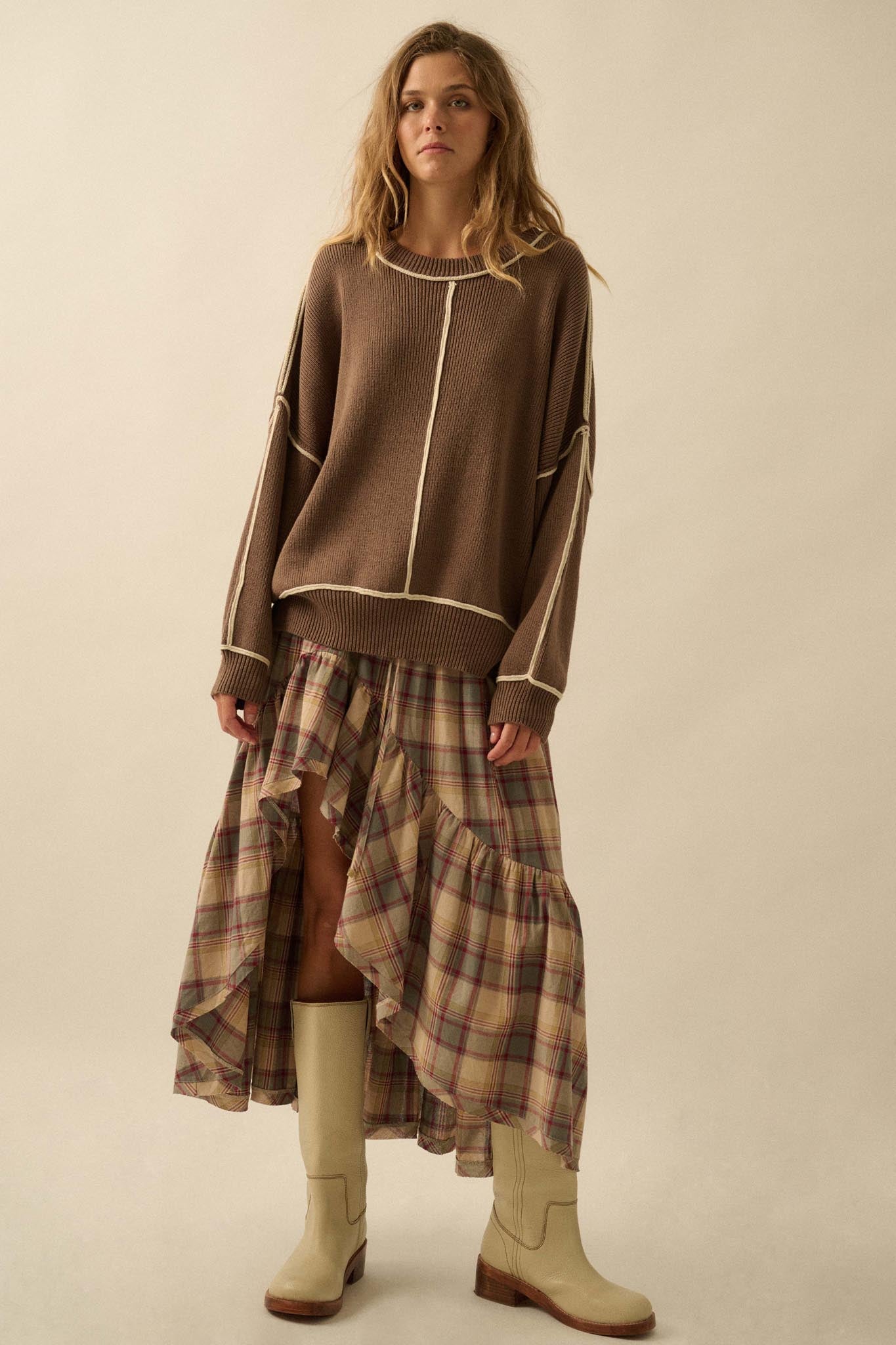 Best Life Exposed-Seam Ribbed Knit Sweater