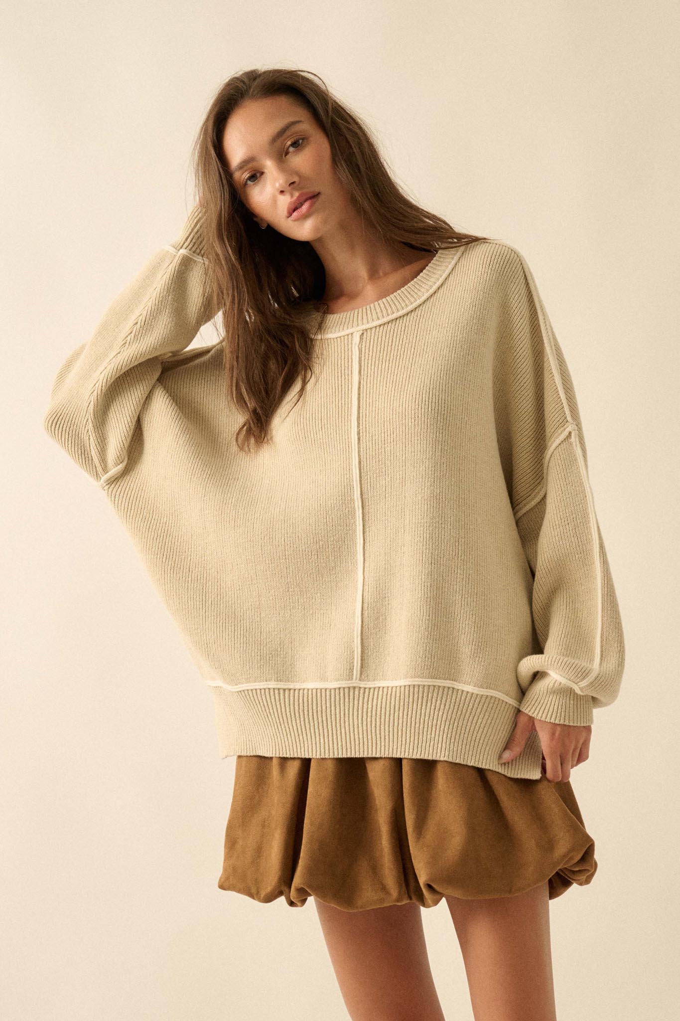 Best Life Exposed-Seam Ribbed Knit Sweater