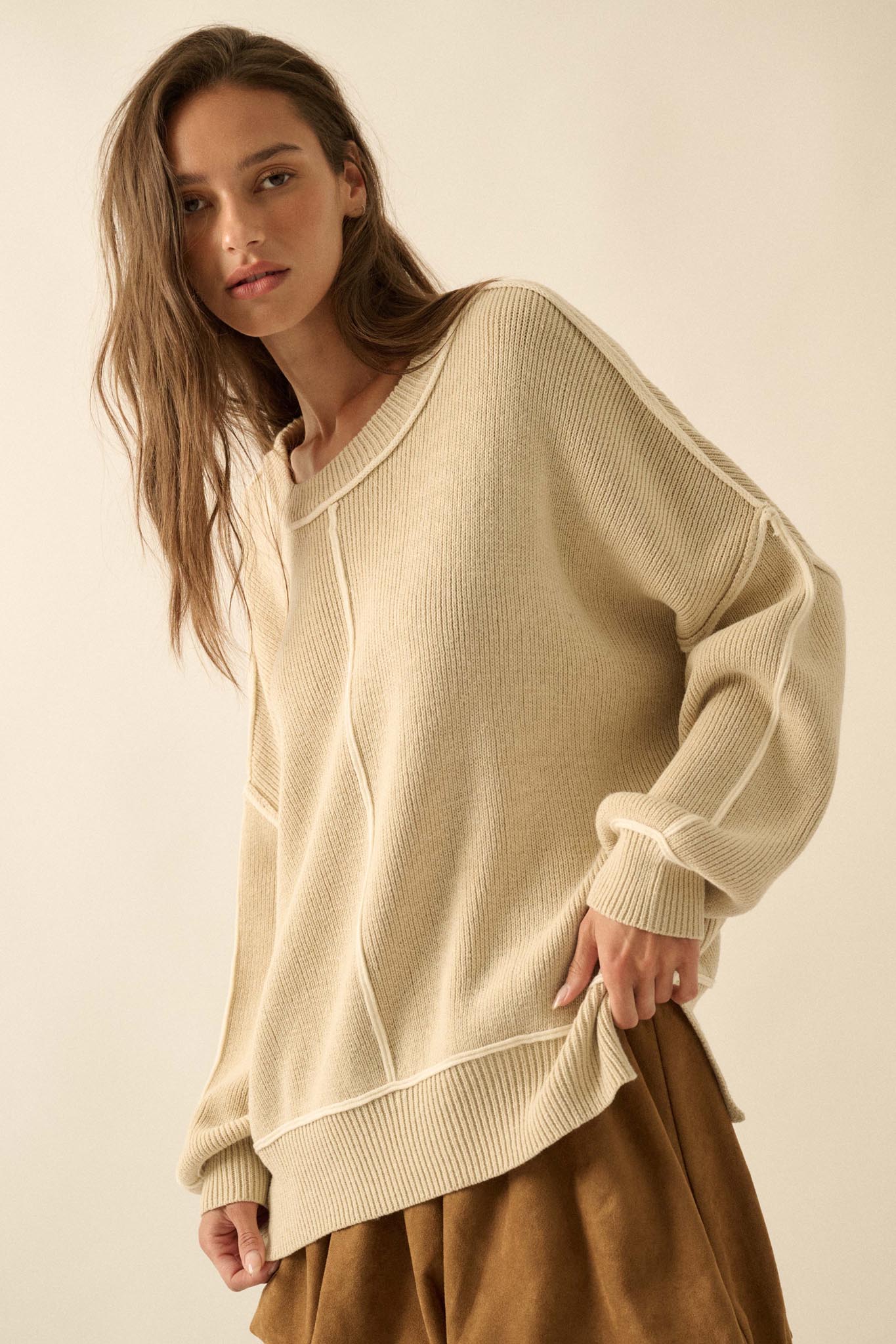 Best Life Exposed-Seam Ribbed Knit Sweater