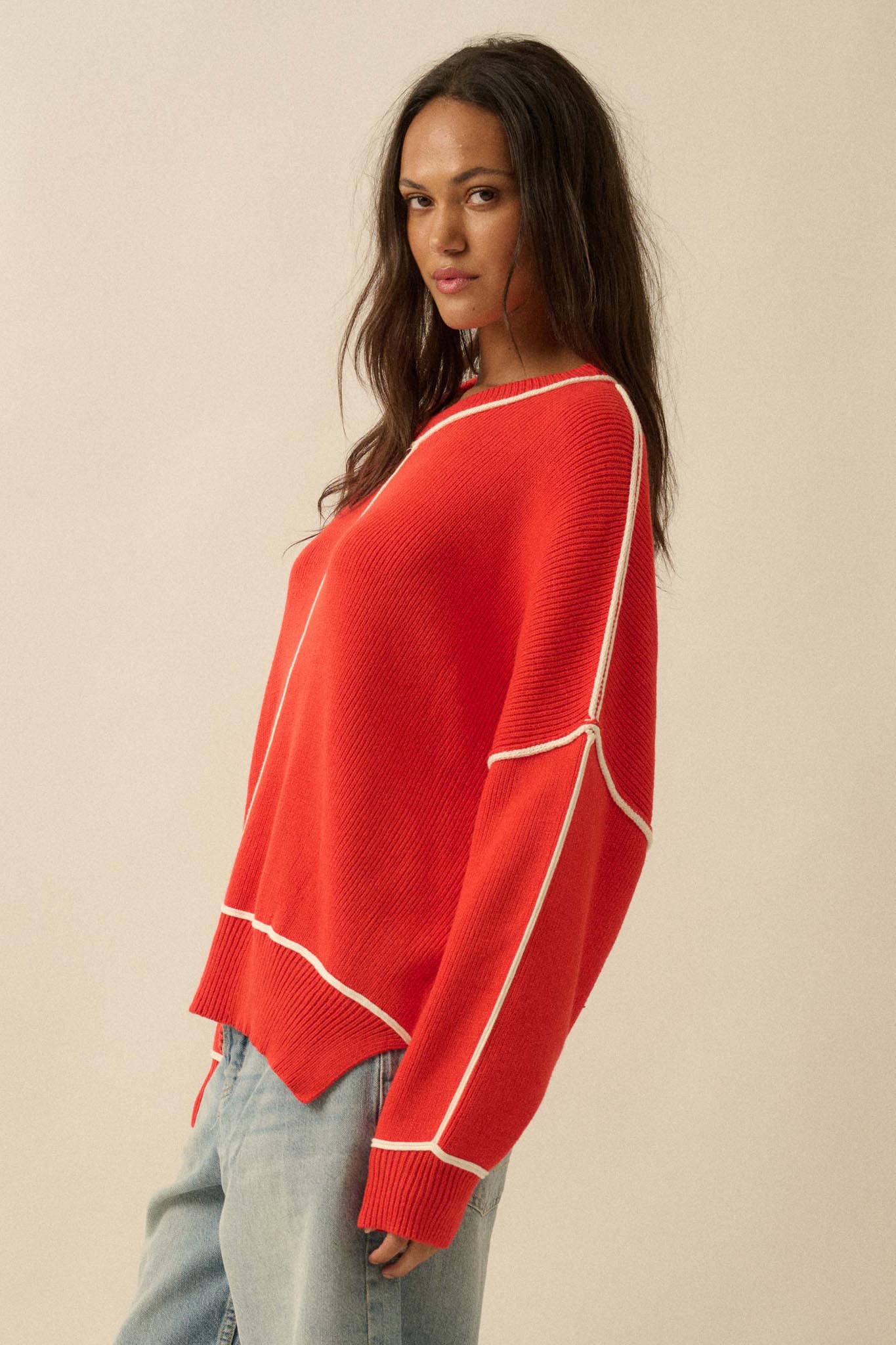 Best Life Exposed-Seam Ribbed Knit Sweater