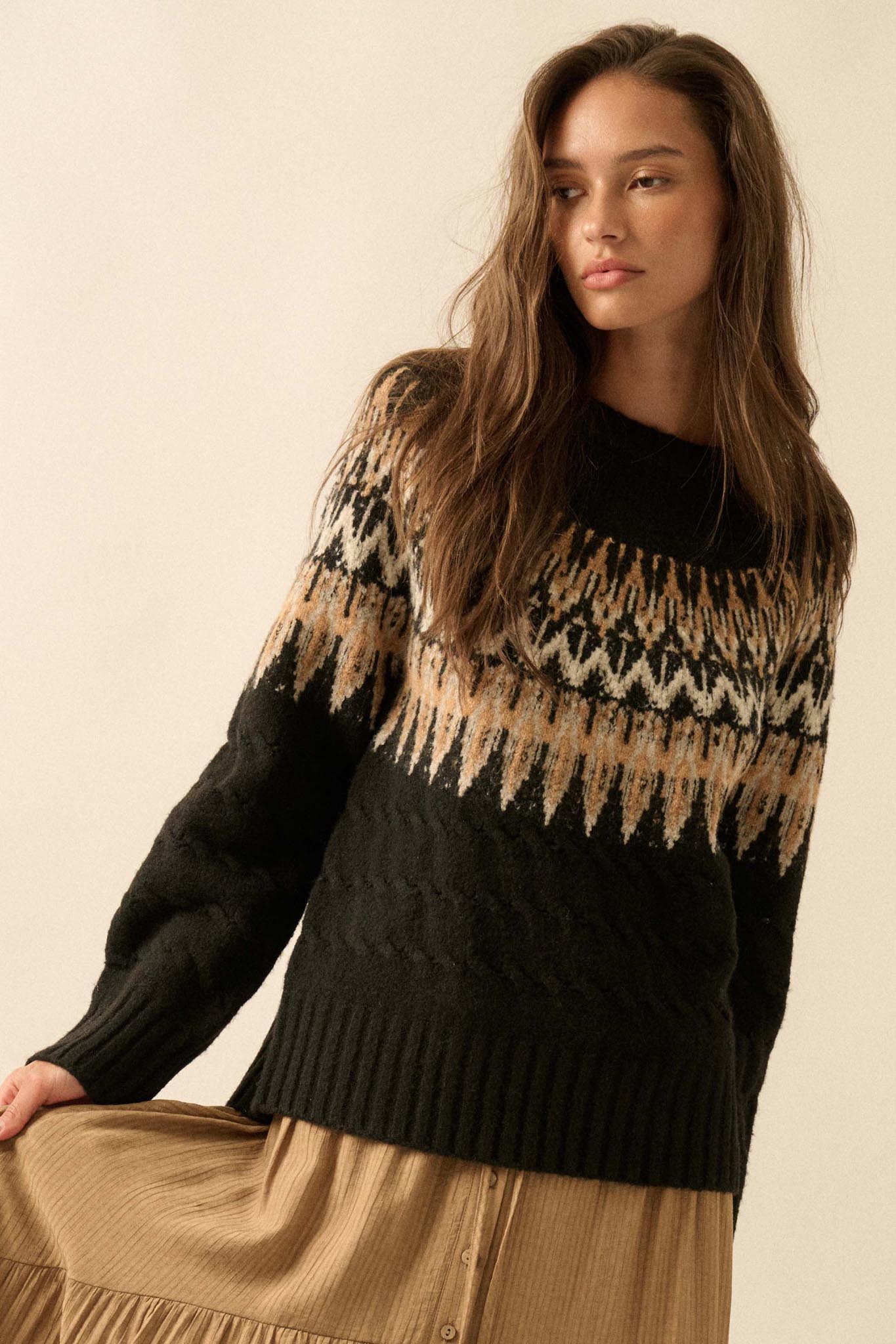 Misty Moors Fair Isle Cable Knit Sweater