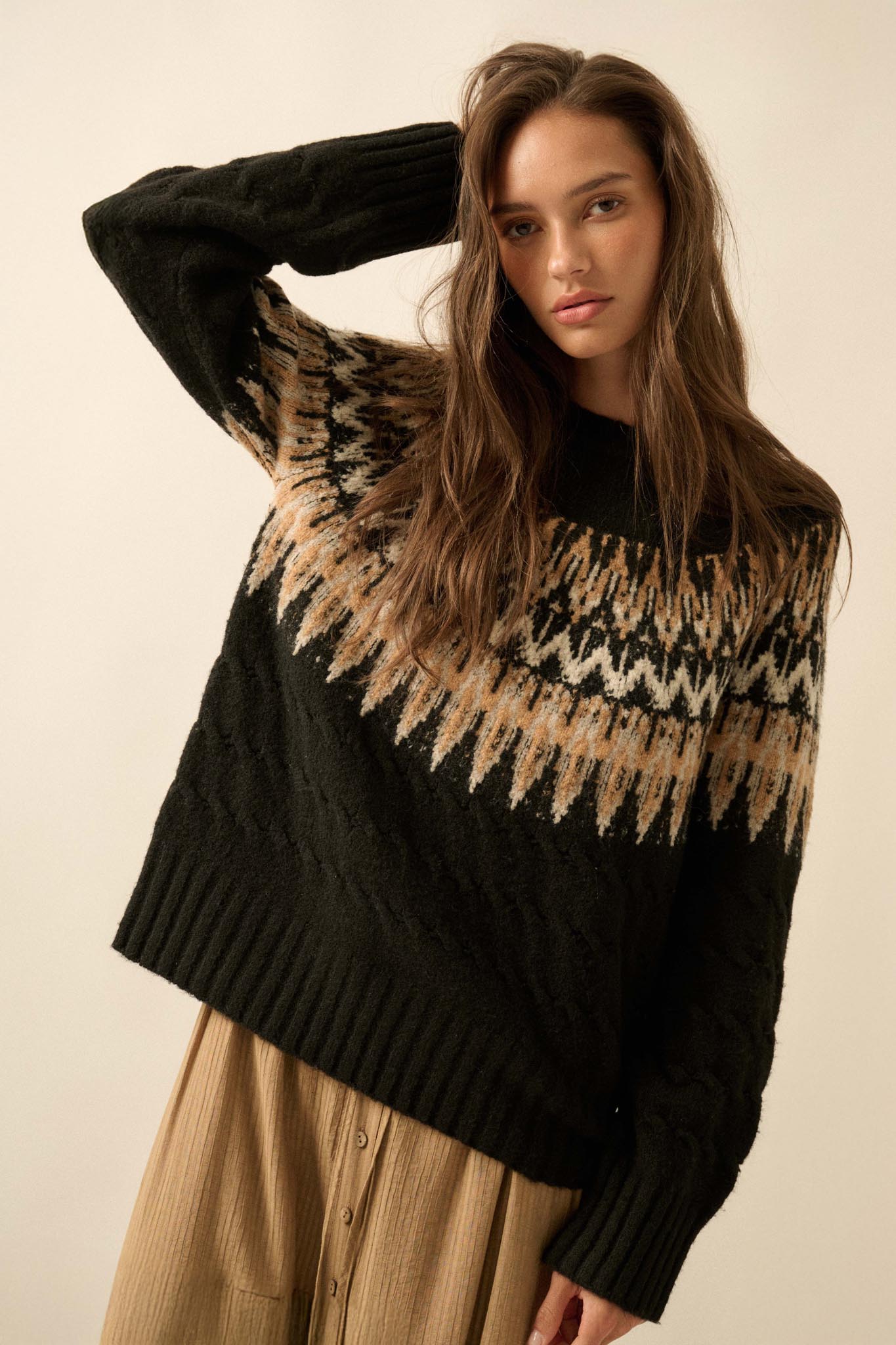 Misty Moors Fair Isle Cable Knit Sweater