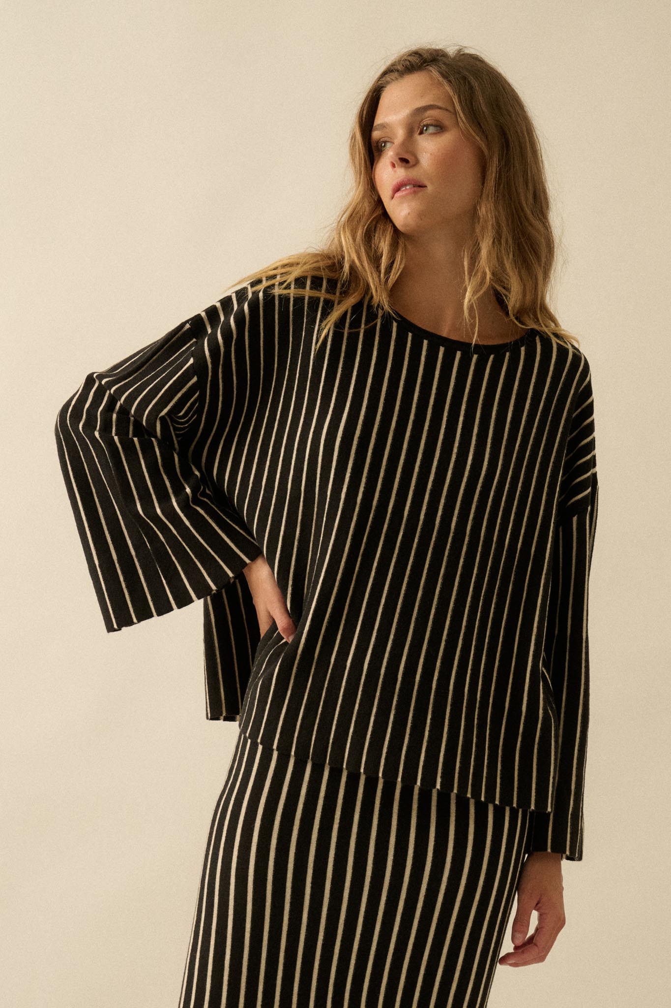 On the Line Striped Wide-Sleeve Loose-Fit Sweater