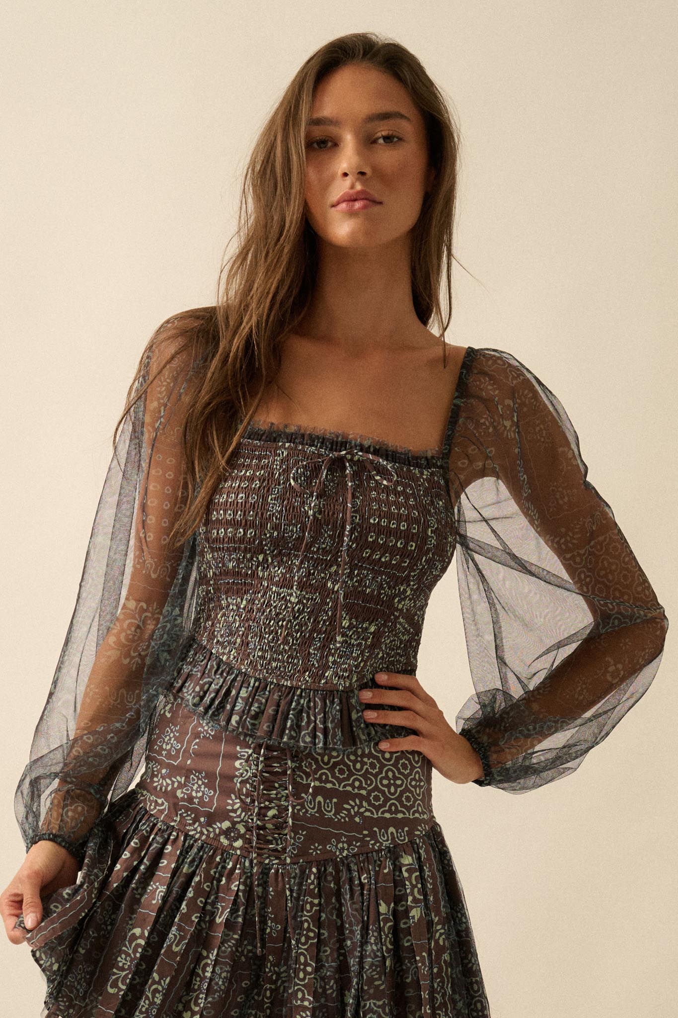 Bandana Belle Smocked Floral Tulle Peasant Top
