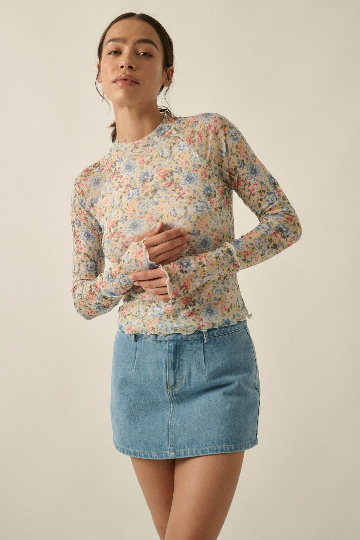 Lovely Blossoms Floral Mesh Mock-Neck Thumbhole Top