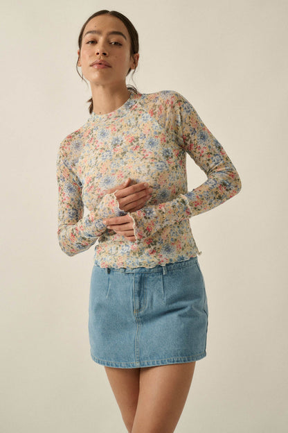 Lovely Blossoms Floral Mesh Mock-Neck Thumbhole Top
