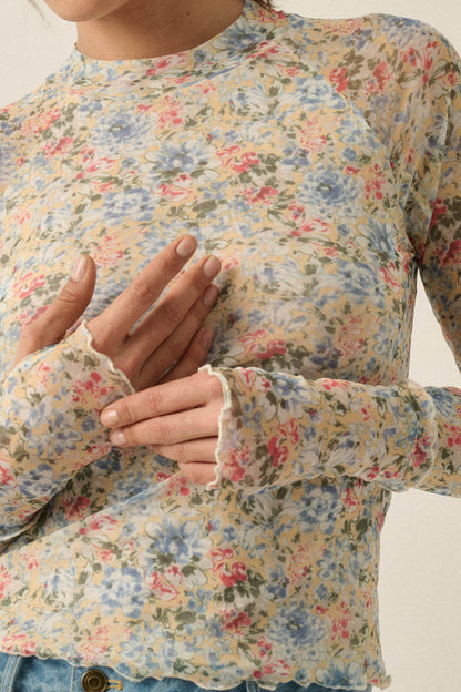 Lovely Blossoms Floral Mesh Mock-Neck Thumbhole Top