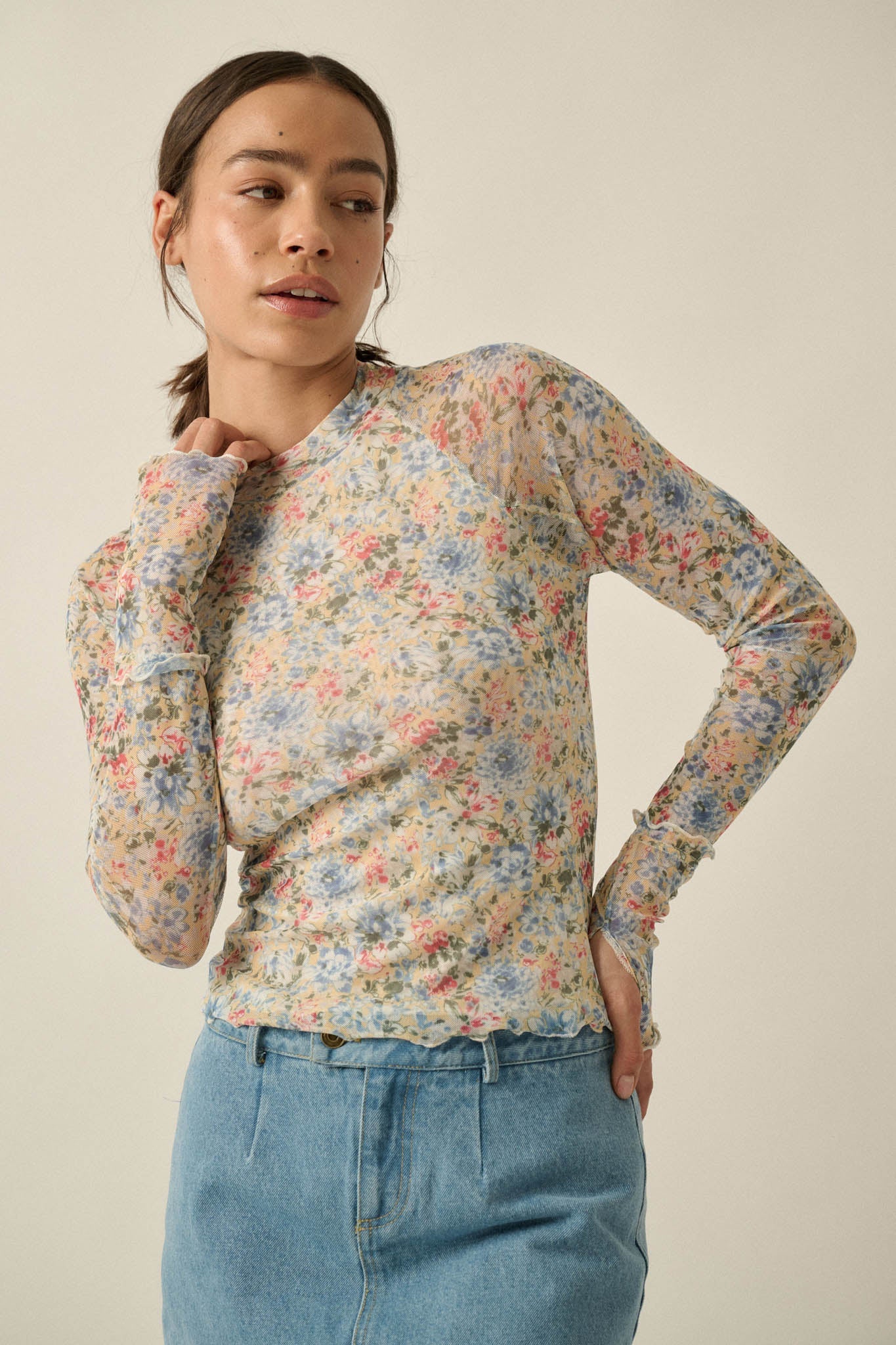 Lovely Blossoms Floral Mesh Mock-Neck Thumbhole Top