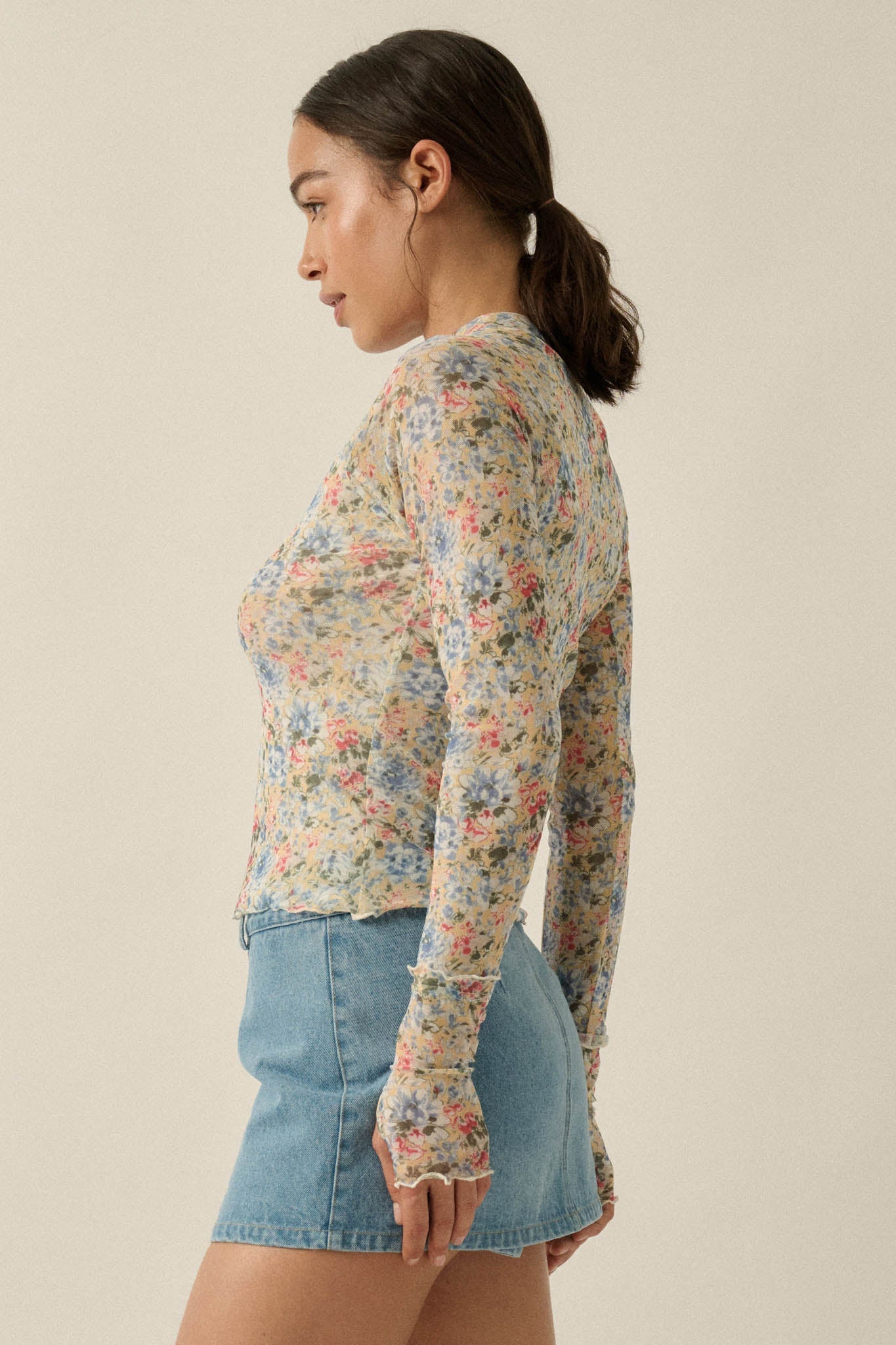 Lovely Blossoms Floral Mesh Mock-Neck Thumbhole Top