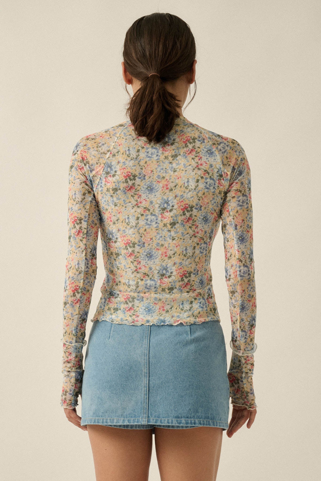 Lovely Blossoms Floral Mesh Mock-Neck Thumbhole Top