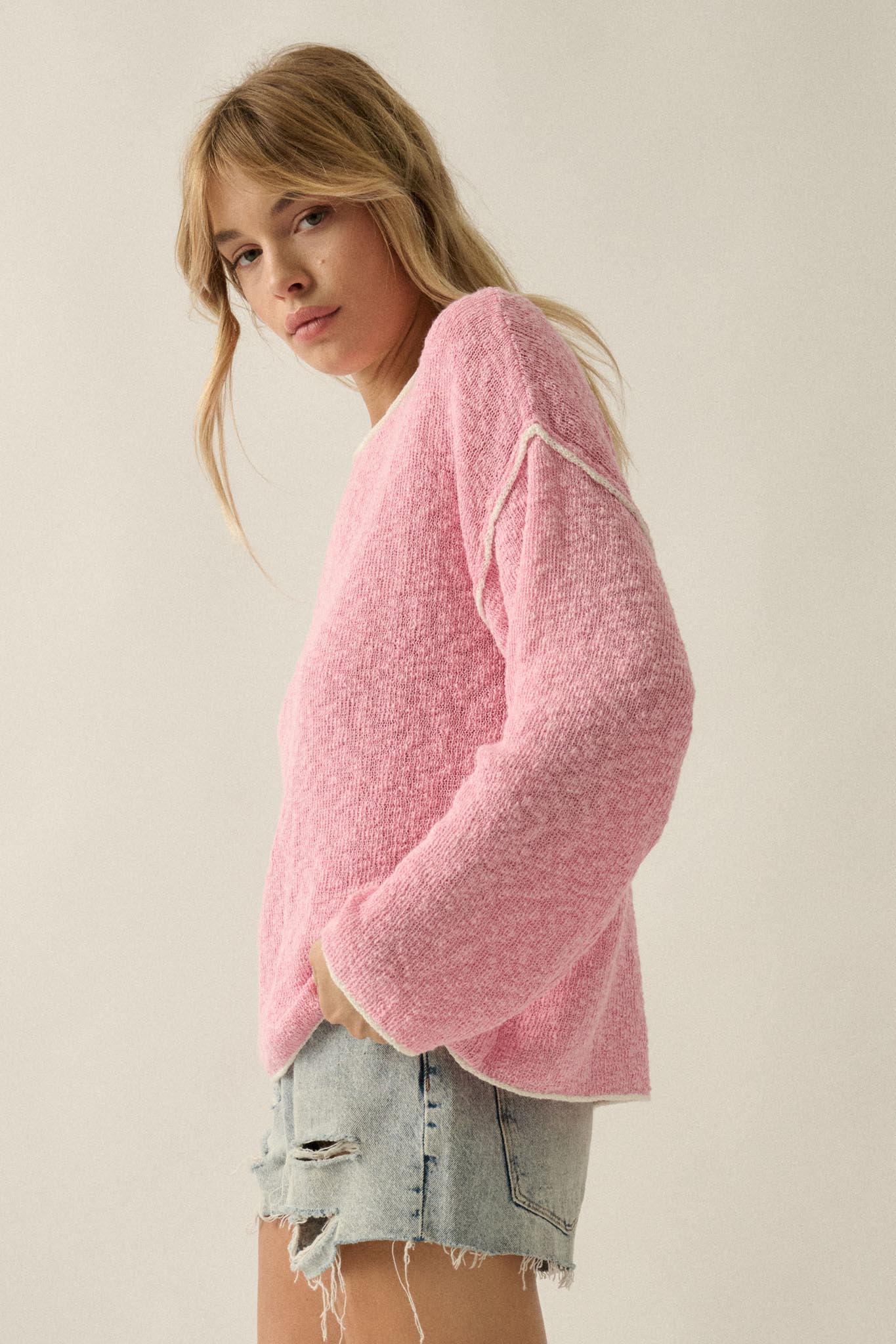 Get Cozy Textured Knit Exposed-Seam Sweater