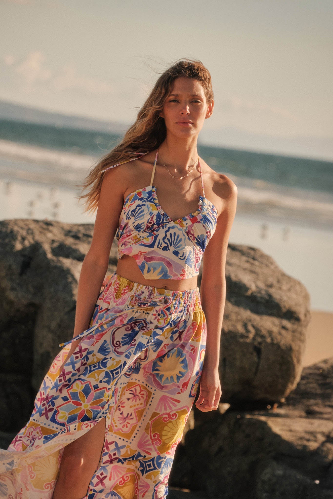 Iconic Ibiza Tile-Print Cropped Tie-Back Halter Top