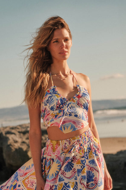 Iconic Ibiza Tile-Print Cropped Tie-Back Halter Top