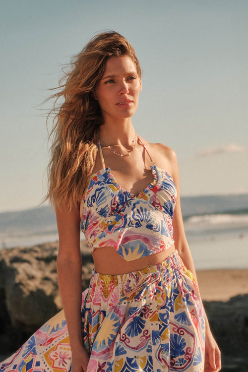 Iconic Ibiza Tile-Print Cropped Tie-Back Halter Top
