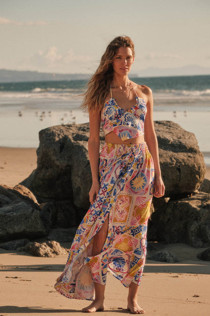 Iconic Ibiza Tile-Print Cropped Tie-Back Halter Top