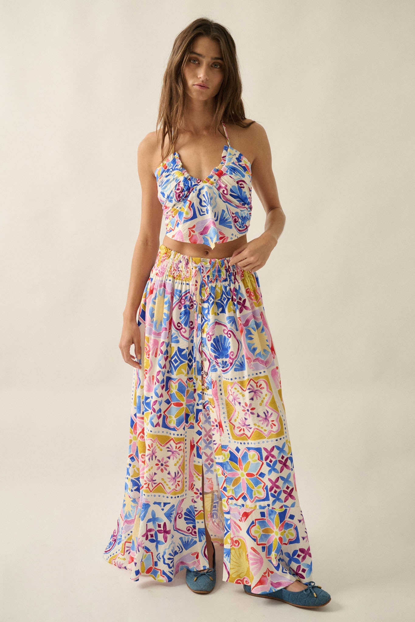 Iconic Ibiza Tile-Print Cropped Tie-Back Halter Top