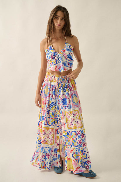 Iconic Ibiza Tile-Print Cropped Tie-Back Halter Top
