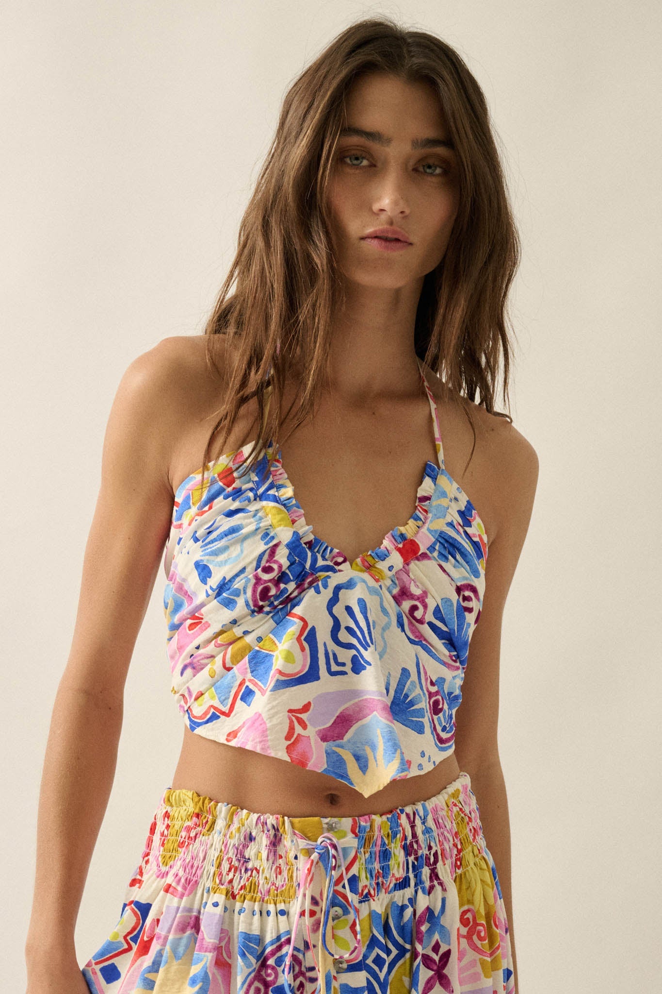 Iconic Ibiza Tile-Print Cropped Tie-Back Halter Top
