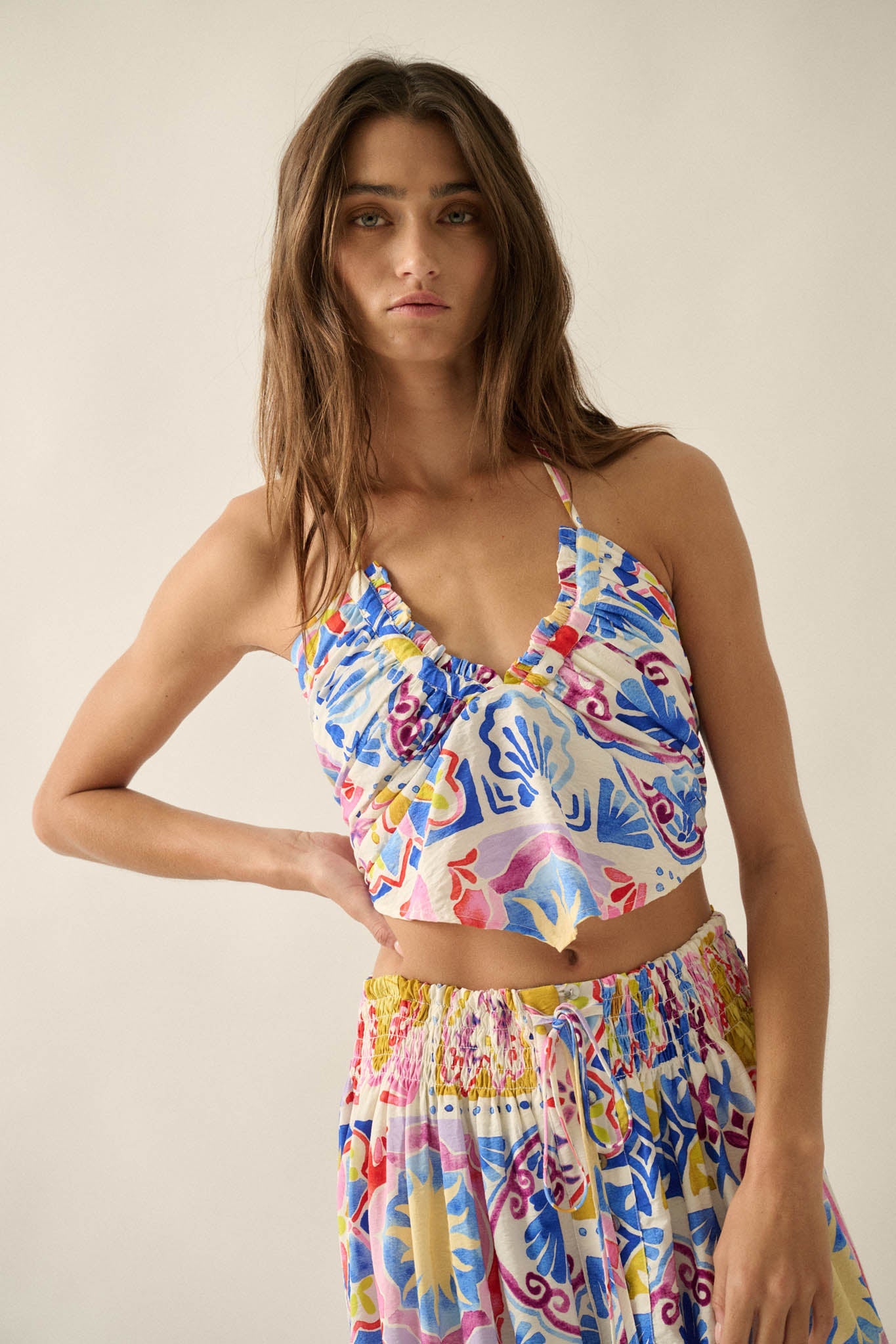Iconic Ibiza Tile-Print Cropped Tie-Back Halter Top