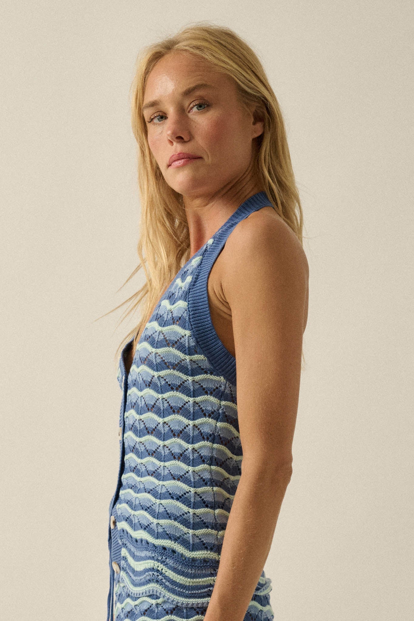 Next Wave Striped Crochet-Knit Halter Tank Top