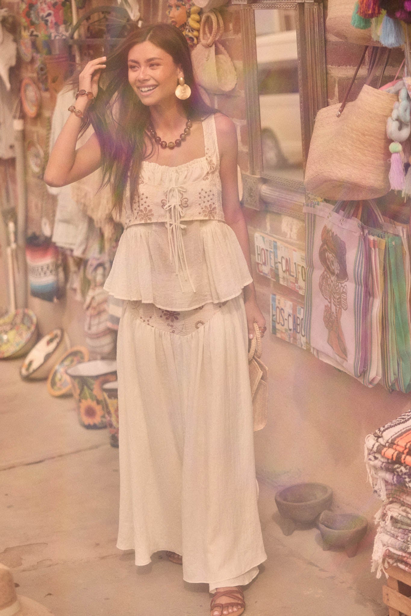 Cottage Garden Floral-Embroidered Peasant Tank Top