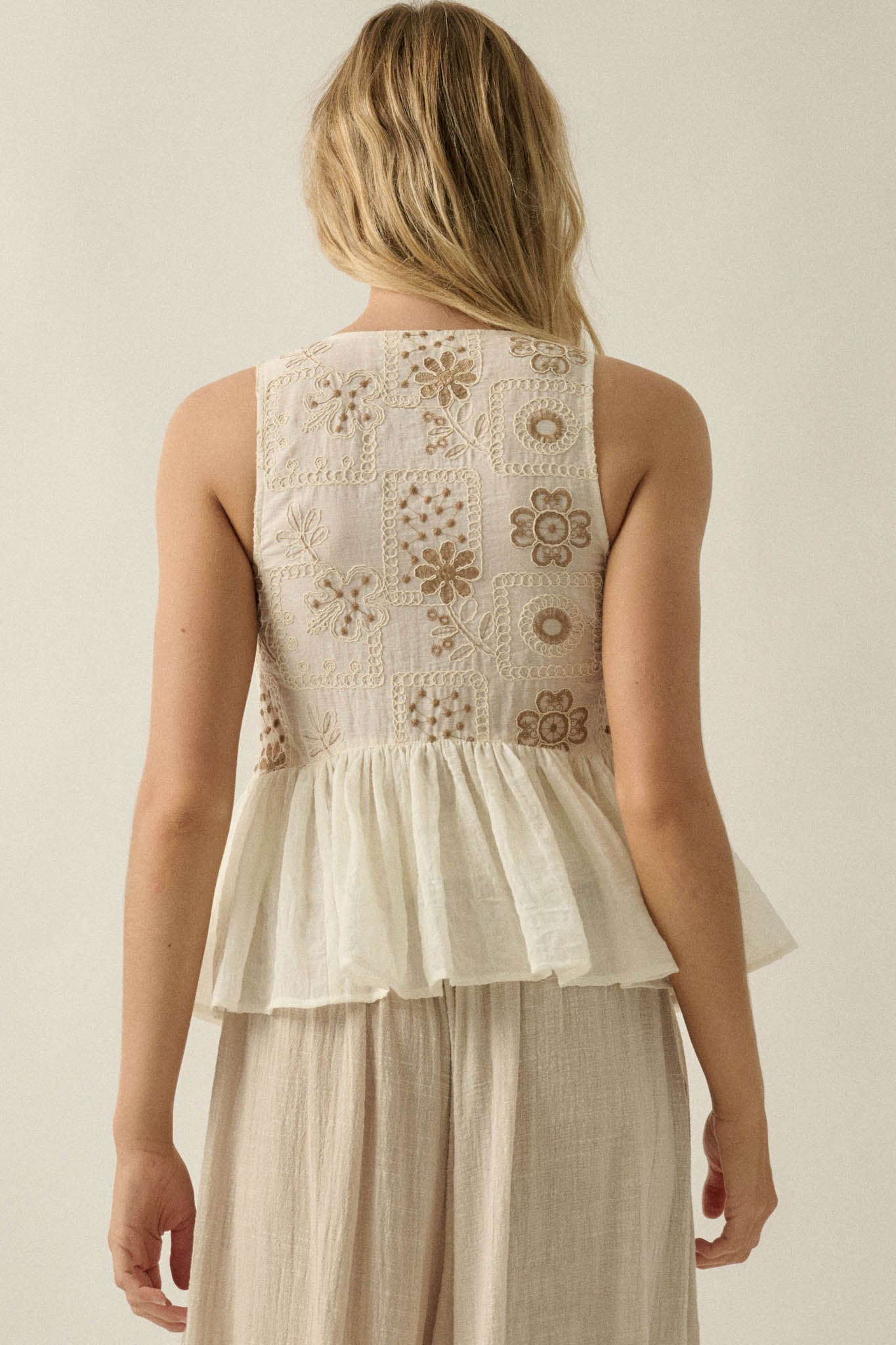 Cottage Garden Floral-Embroidered Peasant Tank Top