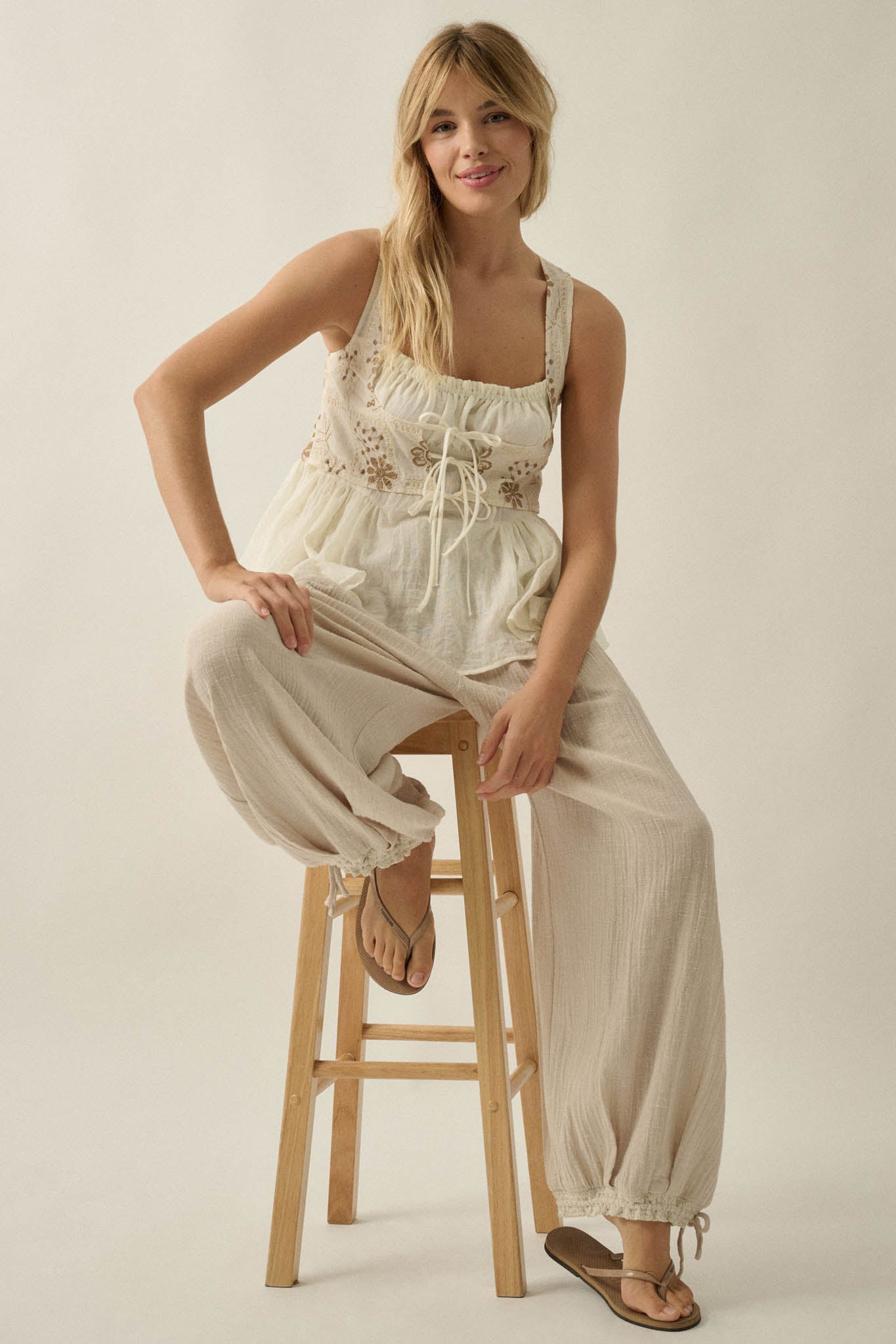Cottage Garden Floral-Embroidered Peasant Tank Top