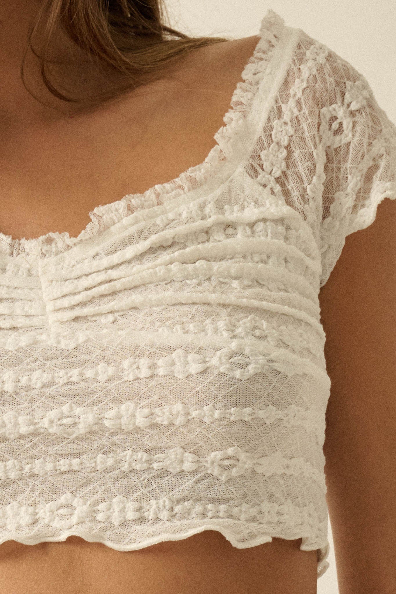 Lacy Blooms Floral Lace Cropped V-Neck Top